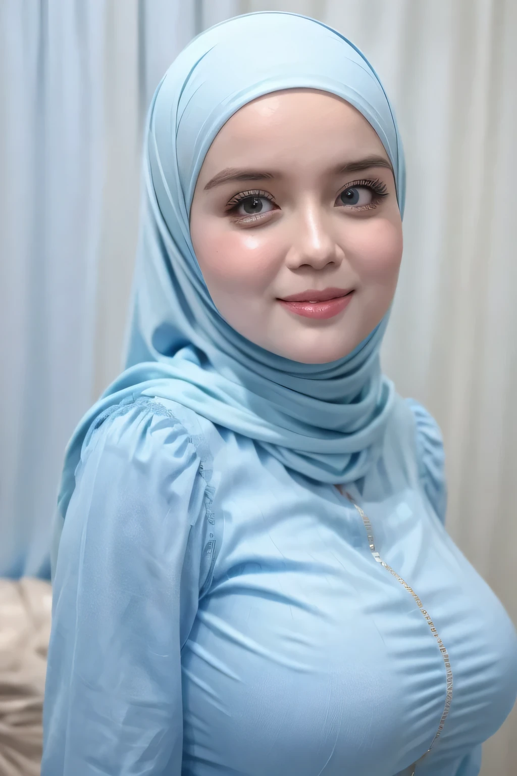 adorable, 1 girl, (face to face), , , happy, half body portrait, (face details: 1), (eye details: 1), ((huge breasts)). wearing transparent transparency soft long shirt, hijab .. Cute posed. proportional body. Ultra High Res. realistic: 1.4, UHD, (floral pattern), view from side seductive pose 