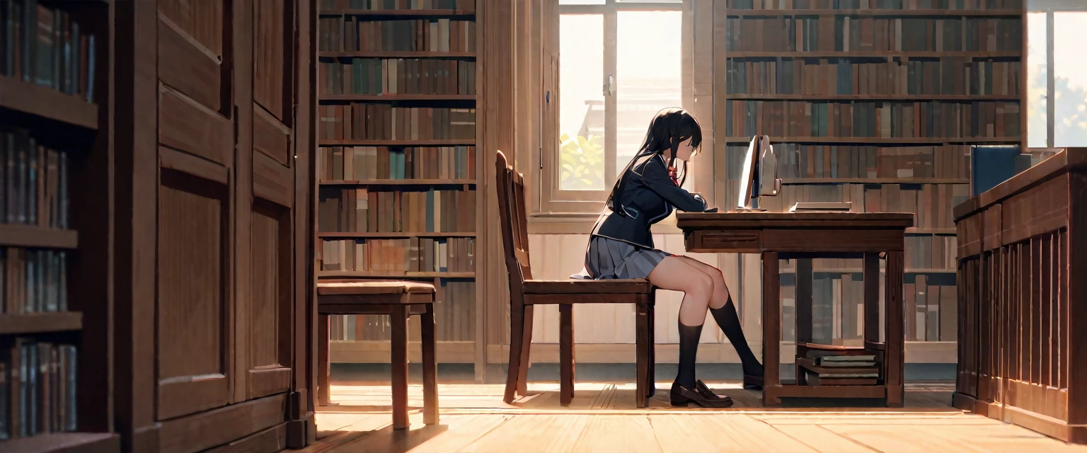 （masterpiece, Best Quality:1.2)、黒いschool uniform, skirt、黒のmiddle breast, blazer,  red ribbon、Large desk、Under the desk、(Stretch your legs out in front of you）、 black socks 、 Sitting on a Wooden Chair 、Library、Man Facing Each Other、 side view、Super Long Shot