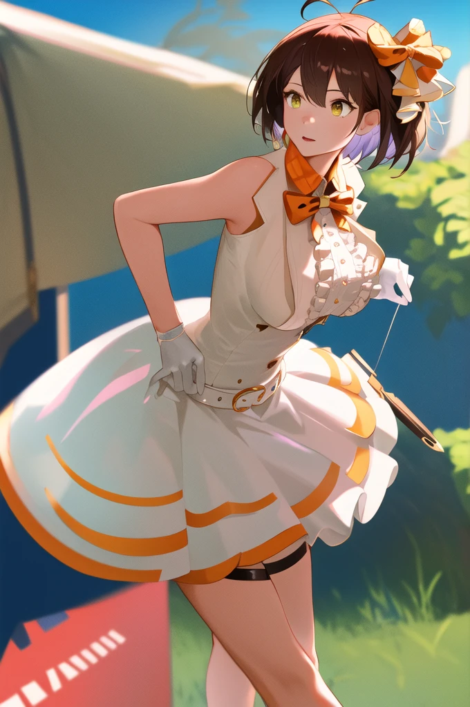 masterpiece, Best Quality,  Hi-Res, Evalti ,  short hair, Ahoge,  French blade, Mini Hat, orange bow, Check pattern,  sleeveless shirt, center frills, Arm strap,  white gloves,  naval cutouts , belt, White Skirt,   mini skirt,  is standing, Cowboy Shooting, Outdoor, Field,  Arm Bras ,