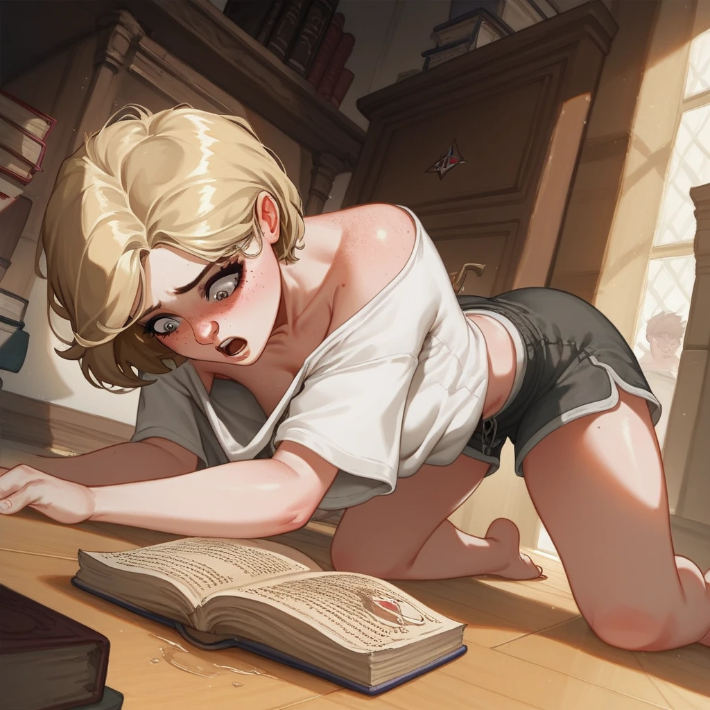 (YES NSFW), 1woman in a wet white t-shirt is sitting and reading a book, knees together feet apart. Visible female genitals. Behind her a modern bookcase. 8k high definition, highest quality, skin texture, masterpiece, best quality, perfect lighting, cinematic lighting, (sharp focus:1.2), HDR, ultra-detailed, eye level view. --auto --s2