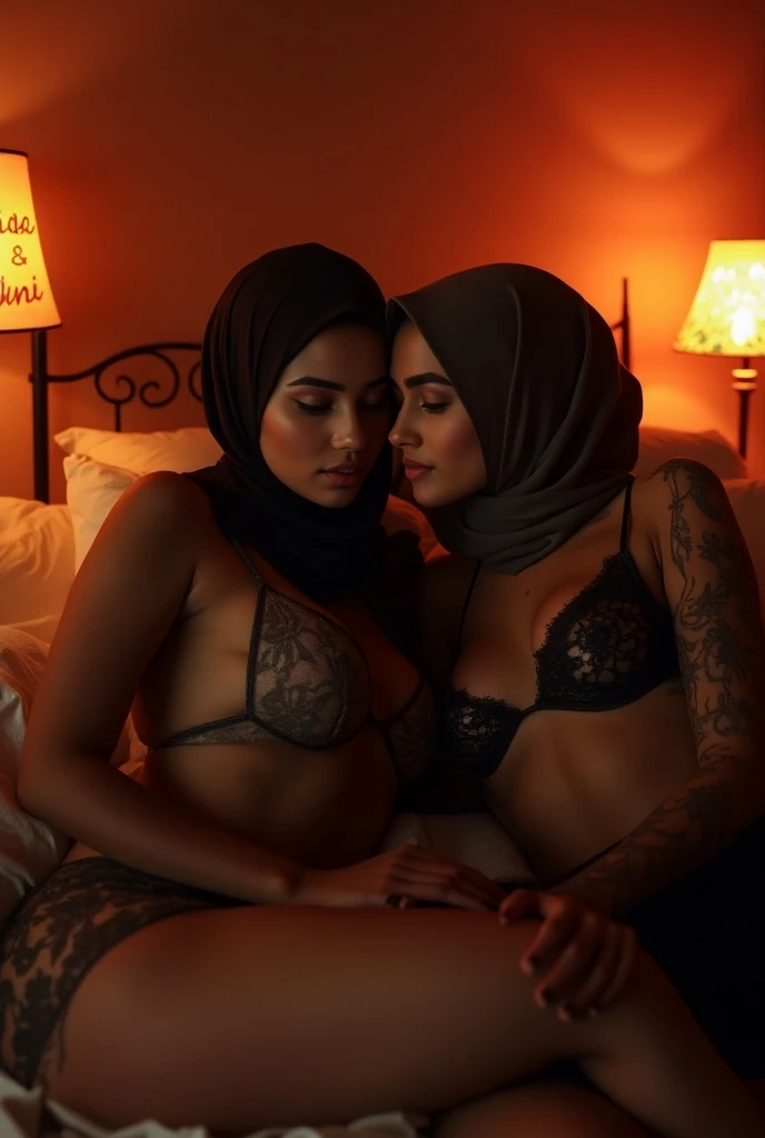 portrait of two lesbian hijab women embracing,woman holding another woman,posing in bed,8k,with raining effect room atmosphere,,dark lighting,,kissing in bed,romanticly,,intimate,,cuddling,,bra only