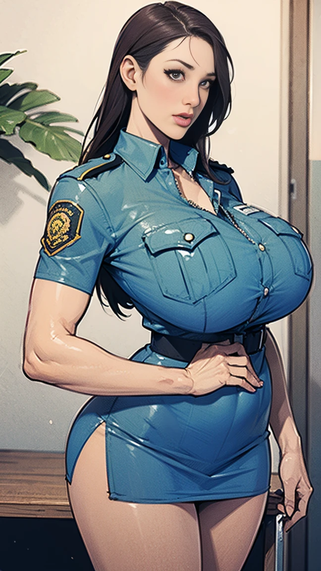 (Best Quality, masterpiece),   police uniform、     mini skirt (length)、Big Breasts、  sexy body