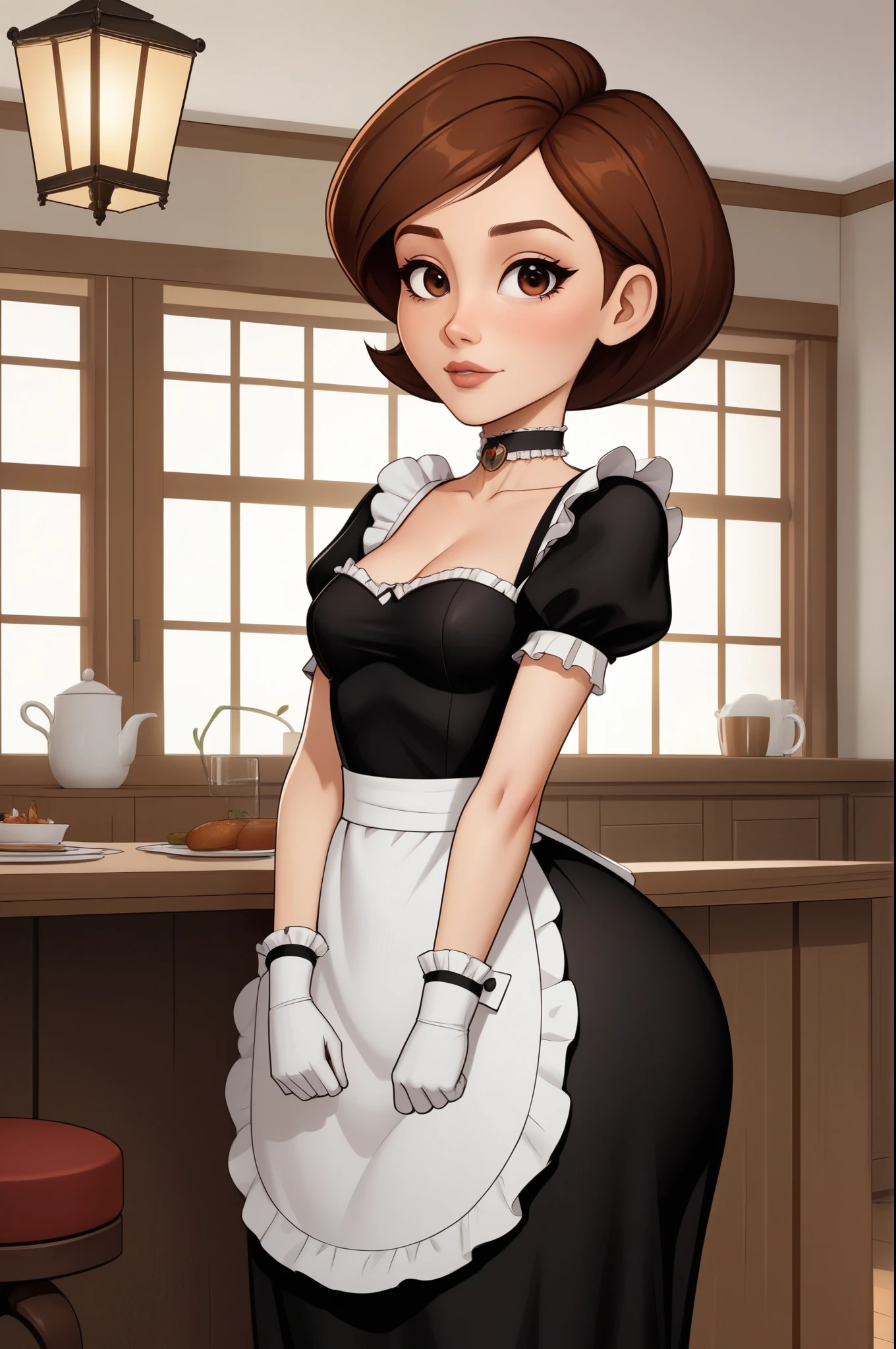 account_9, account_8_ex, account_7_ex, account_6_ex, account_5_ex, account_4_ex. Helen Parr. narrow waist. small saggy breasts. huge hips and buttocks. brown hair. brown eyes. the middle square. choker. maid. cafe