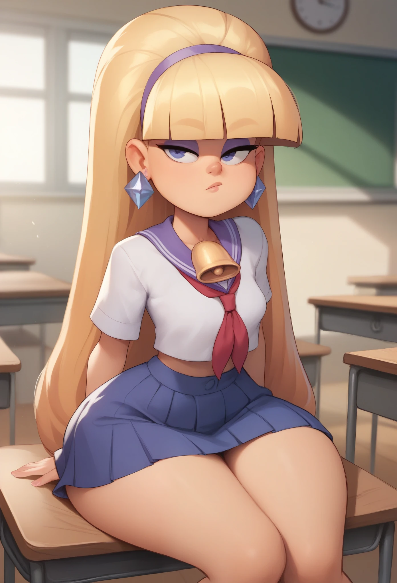 Pacifica Northwest. Small saggy breasts. huge hips. thin body, long blond hair with bell-shaped bangs and dark blue eyes. She also has thick purple eye shadow and lavender ring earrings. school uniform. school class. desk. sitting