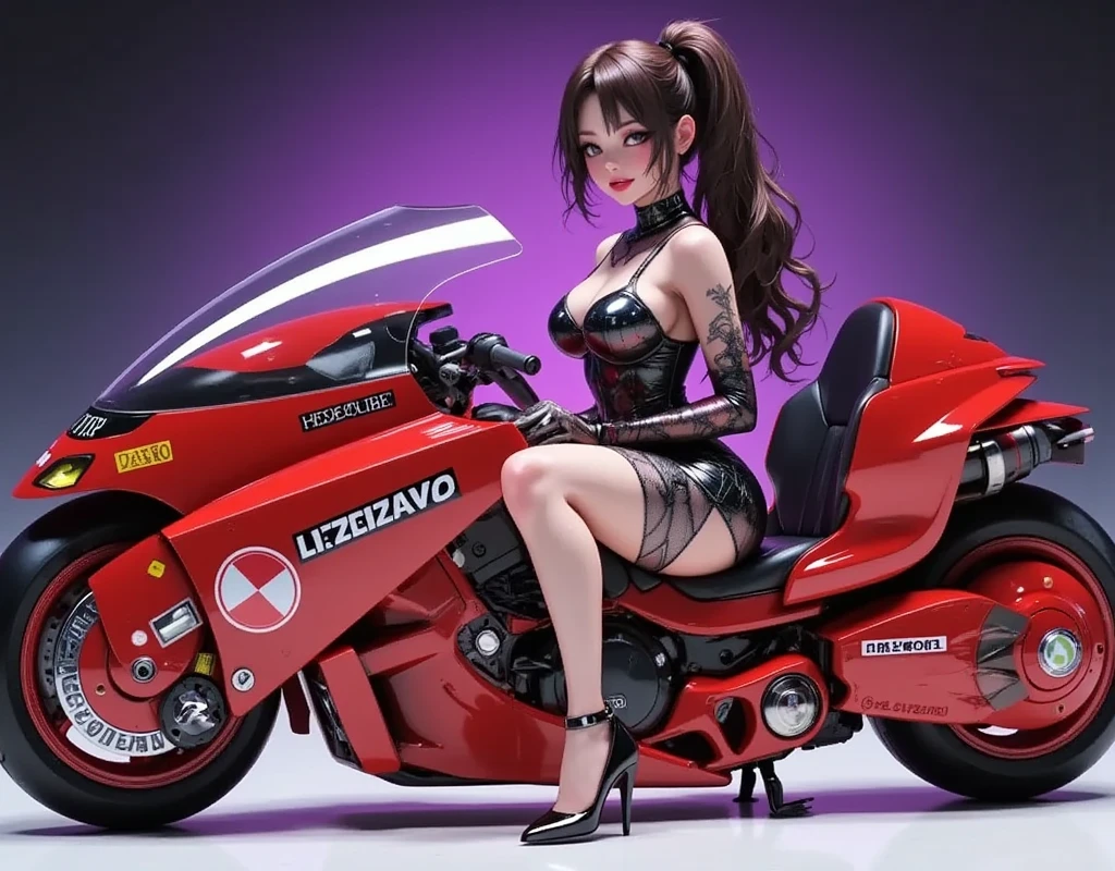 1girl,Sitting,Akira Bike,Lean back,Put your foot forward,Thick eyebrows,perfect sexy female body,(sexy and seductive pose:1.3),Black goth punk fashion,Large scooter,Very low seat,Low vehicle height,One step ahead,Akira Bike,high resolution,masterpiece,high quality, (Photorealistic:1.4),Raw photo,(super realistic details),portlate,Shadow,Beautiful Skin,detailed face and eyes,Glossy lips,female curvy beauty,Striking contrast,8k,ultrasharp,Akira Bike Red,cycling,purple aura background, realistic girl with long brown hair in ponytail wearing a very sheer,  metallic swimsuit with high leg cut in bright latex 4k, (masterpiece:1.3), (photorealistic:1.37), ( Model , 22 years old), ((Glamour,  paparazzi photograph her ), Sharp Focus:1.2, very thin, narrow waist, slender, highly detailed face and skin texture, detailed eyes ( green lace latex :1.25), (( latex bodysuit with silver lace )), ((intricate detailed multi-layer bodysuit lace))), ((Silver, lace, glittering:1.81)), (Raytracing), (shining light), ( light dark makeup  [[pink lipstick]], eyeliner:1.3), (( looking at the viewer )), (big full breasts), Attention to detail,  double eyelids ,  in a strapless top , full-body lesbians ( 1 girl),  professional lighting , (Radiant Skin:1.2), glittering large, 22 years old, CLEAR, reif, Cool,  and a beautiful face , detailed, realist, HD, masterpiece, unique image, photorealistic, extremely detailed face and eyes, beautiful detailed facial features, Long eyelashes, hyper realistic,  volumetric lighting ,  Kinematic lighting ,  dramatic lighting , highly detailed, Complicated Details, Sharp Focus,  vivid colors,  dynamic pose , Elegant, graceful, serene, Still , Radiant Skin, flawless skin, fascinating, fascinating