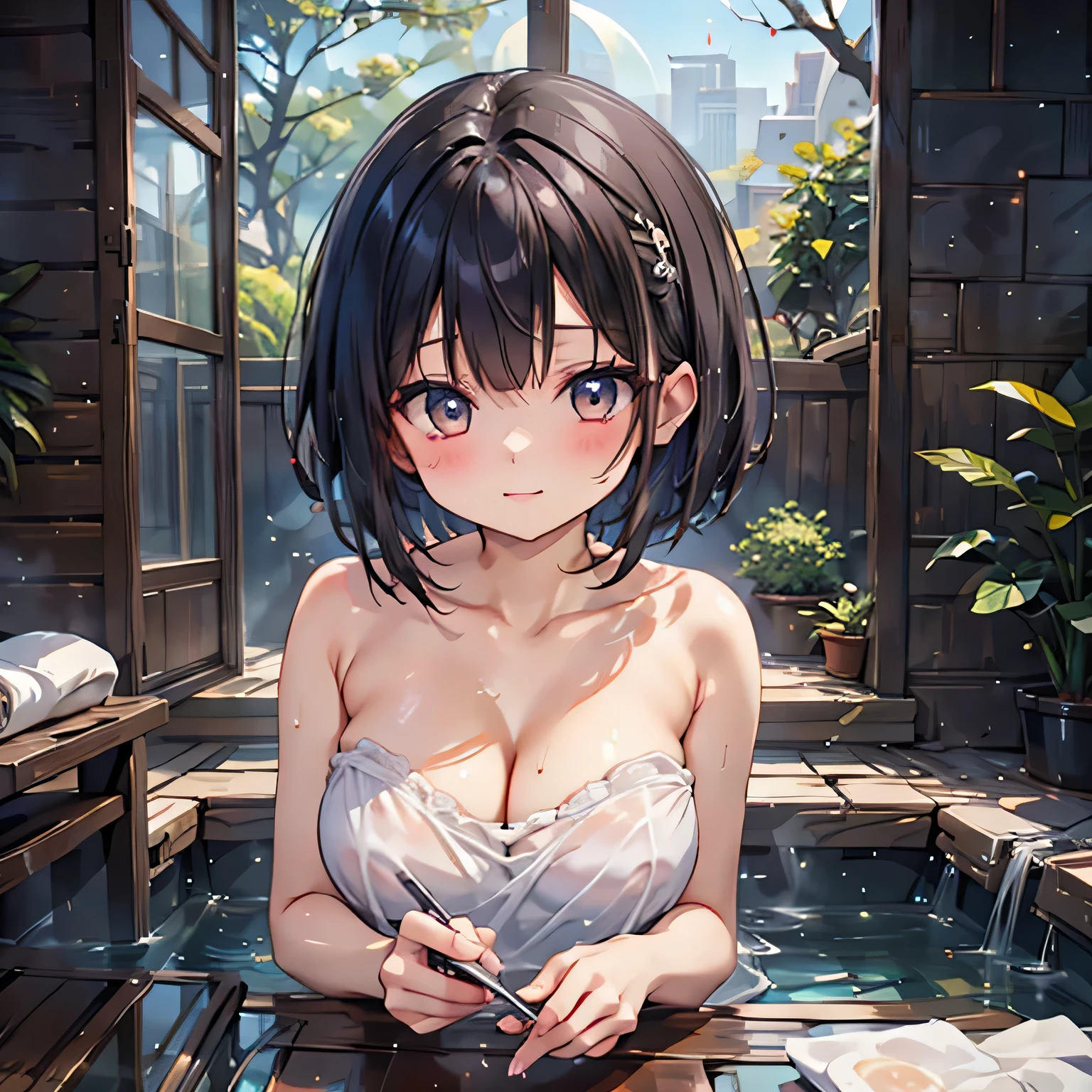 (masterpiece:1.3),(best quality:1.3),(high resolution:1.2),8k, with dark hair bob cut 、 beautiful girl standing in front of a window after taking a bath naked wrapping a bath towel around her body。 short cut with black hair and wet hair 、Beautiful girl with brown eyes 、Outside the window is on a full moon night 、Big tree and forest