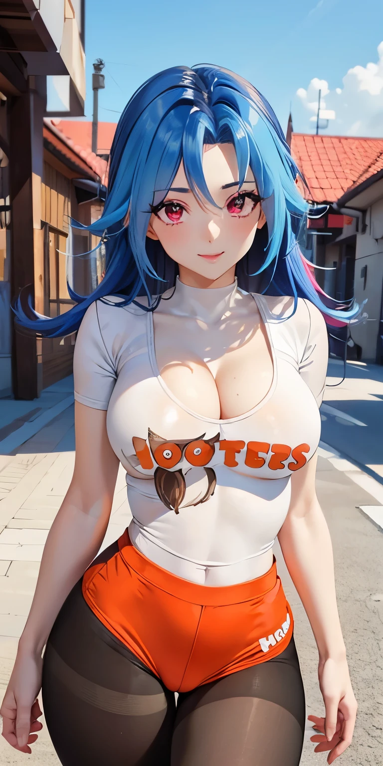 1 Female,High definition,high resolution,Ultra-realistic,8K,kr1, multicolored hair, dyed bangs,pink eyes, large breasts,white shirt, hooters, orange shorts, pantyhose,European,sexy,Upper body close-up,Photographed from the front,Dynamic Angles, beautiful face, smiling, highly detailed, HD