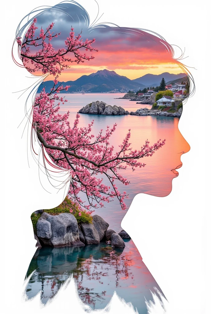 high quality, 8K Ultra HD, A beautiful double exposure that combines an goddess silhouette, there's a serene with sunset coast, sunset coast should serve as the underlying backdrop, with its details incorporated into the goddess , crisp lines, The background revealing a white paper beneath it. is monochrome, sharp focus, double exposure, by yukisakura, awesome full color, 