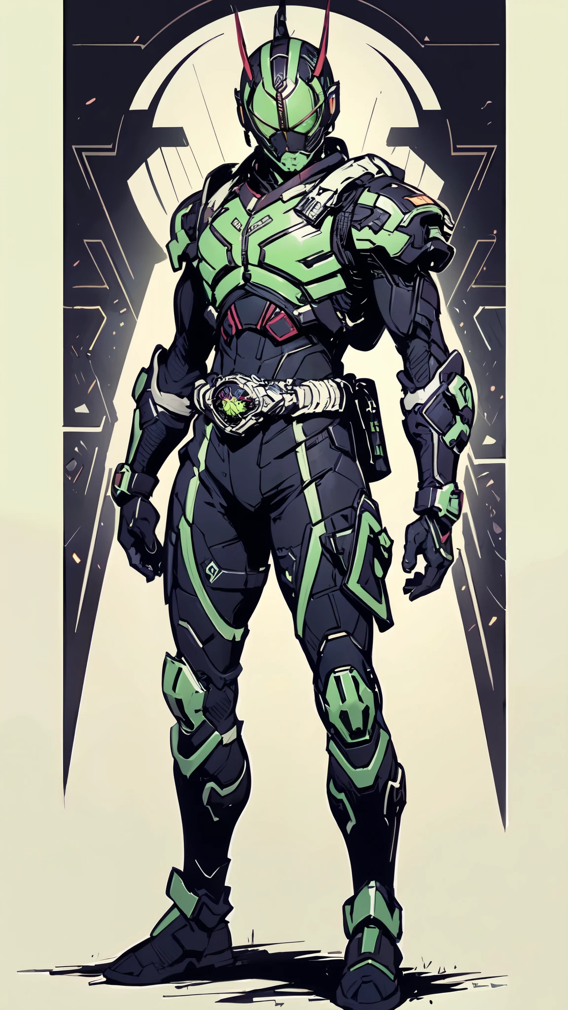 (masterpiece:1.5, best quality:1.5, extremely delicate:1.5), ((male:1.5)), a man wearing a full-face helmet, green eyes, fantasy-style high-tech biomimetic armored combat suit, (a composite layered chest armor), the design balances heavy with agility, fully enclosed shoulder guards, matching arm and leg guards, a belt of gemstone, (the color scheme is primarily Green with Scarlet and White accents, Organic Biotech, Concept Inspired by Kamen Rider, glowing eyes, armor glows, stand of a futuristic sci-fi city), this character embodies a finely crafted fantasy-style armored hero in anime style, exquisite and mature art style, metallic, high definition, highres, ultra-detailed, ultra-fine painting, professional, perfect body proportions, golden ratio, anatomically correct, symmetrical face, extremely detailed eyes and face, high quality eyes, creativity, RAW photo, UHD, 32k, Natural light, cinematic lighting, masterpiece-anatomy-perfect