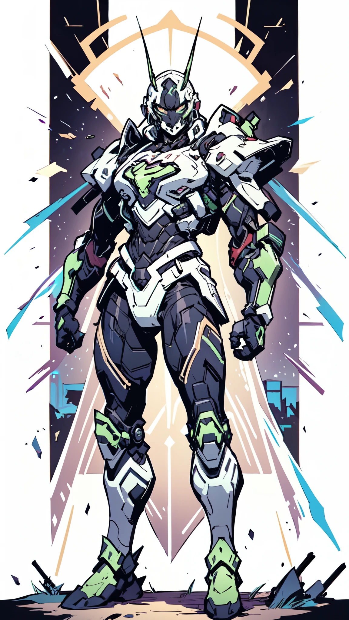 (masterpiece:1.5, best quality:1.5, extremely delicate:1.5), ((male:1.5)), a man wearing a full-face helmet, green eyes, fantasy-style high-tech biomimetic armored combat suit, (a composite layered chest armor), the design balances heavy with agility, fully enclosed shoulder guards, matching arm and leg guards, a belt of gemstone, (the color scheme is primarily Green with Scarlet and White accents, Organic Biotech, Concept Inspired by Superman, glowing eyes, armor glows, stand of a futuristic sci-fi city), this character embodies a finely crafted fantasy-style armored hero in anime style, exquisite and mature art style, metallic, high definition, highres, ultra-detailed, ultra-fine painting, professional, perfect body proportions, golden ratio, anatomically correct, symmetrical face, extremely detailed eyes and face, high quality eyes, creativity, RAW photo, UHD, 32k, Natural light, cinematic lighting, masterpiece-anatomy-perfect