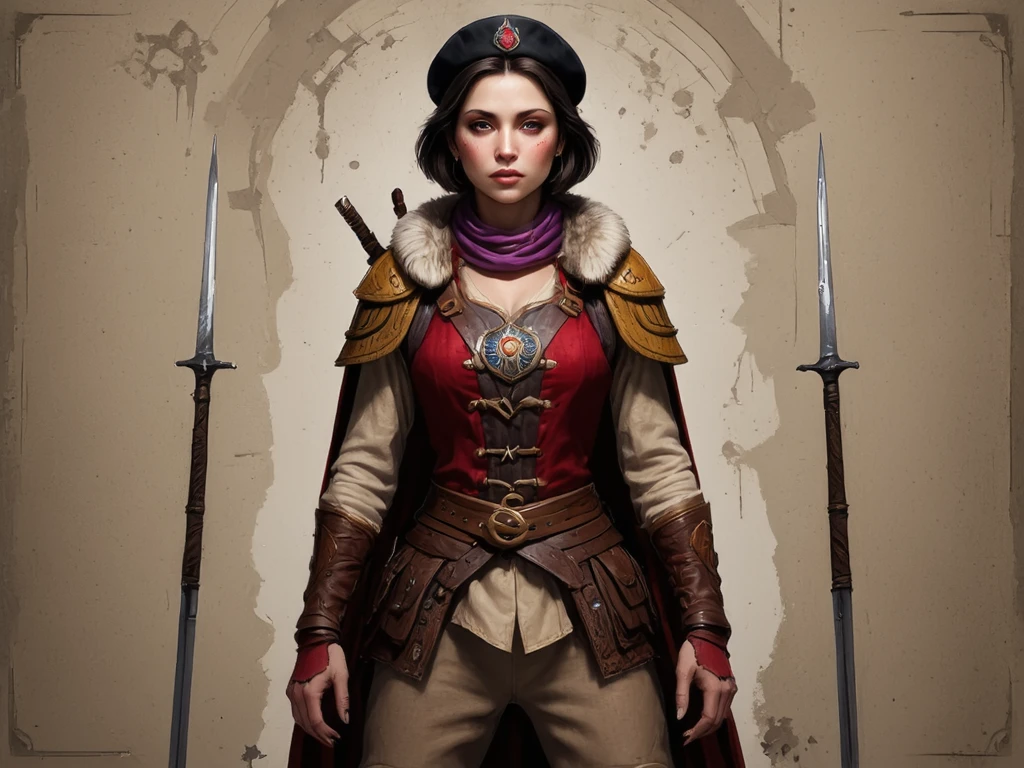 concept art, realistic 3D characters —  ( stands full length from head to boots )  from the Renaissance — noble young beauty — Spanish.  With short, neatly styled hair  .  Beautiful noble face with freckles  .  Black noble Spanish women's beret with one blue and one red pen and a gold buckle .  Loose beige women's shirt ,  , dark red velvet doublet   ,(( leather soldier safety vest)),  suede maroon women's gloves  ,  loose cotton light brown pants ,  tucked into knee-length soldier boots with silver buckles and spurs ,  red-yellow cape with leather shoulder pads  ,  purple scarf  ,  fur collar and fur hood , leaned back , ,  wide soldier belt with pouches  , Spanish chicken a scarf wrapped around the waist  ,proud posture ,  beautiful noble Spanish face , pretty brown eyes, stands in a relaxed pose