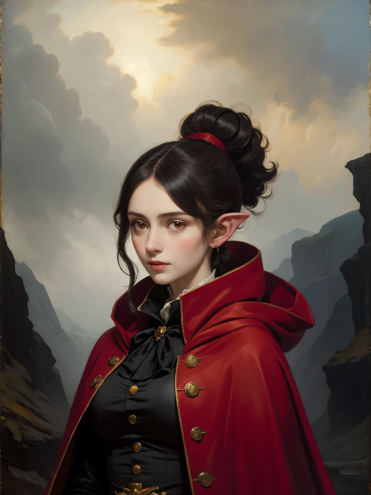 portrait of a woman, oil, painting, single, Victorian era, (by Peder Balke:1.3), (masterpiece, best quality:1.3), (highly detailed:1.5), UHD, 8K, beautiful, (red eyes), pointy ears, long hair, ponytail, (black dress, red cloak), outdoor background, mysterious theme, (wind, mist), (dark theme), (amazing background)