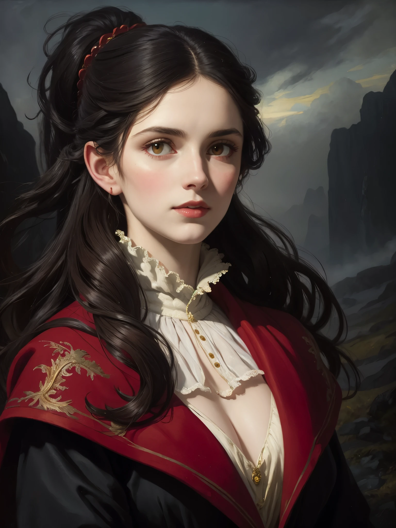 portrait of a woman, oil, painting, single, Victorian era, (by Peder Balke:1.3), (masterpiece, best quality:1.3), (highly detailed:1.5), UHD, 8K, beautiful, (red eyes), pointy ears, long hair, ponytail, (black dress, red cloak), outdoor background, mysterious theme, (wind, mist), (dark theme), (amazing background)