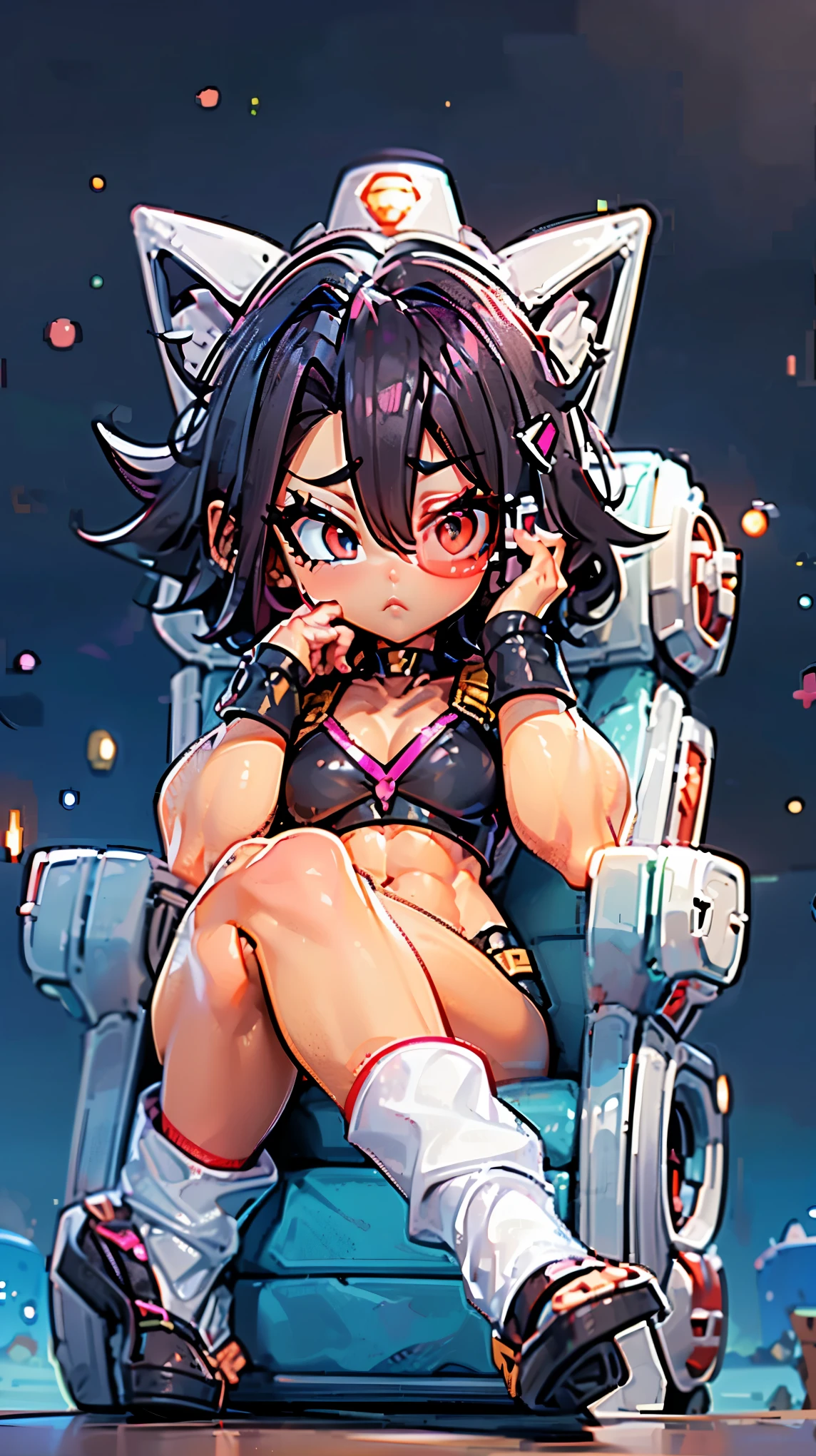  A black-haired girl with red eyes,  pointy hair  , cat ears, raising the right eyebrow, eyeliner,  Beautiful eyebrows , lip filler, eyelashes,  tinted sunglasses , Saiyan Scouter , saiyajin armadura,  muscular body,  frieza spaceship ,  takes full body,  crop top,  sitting on a chair, hand on face