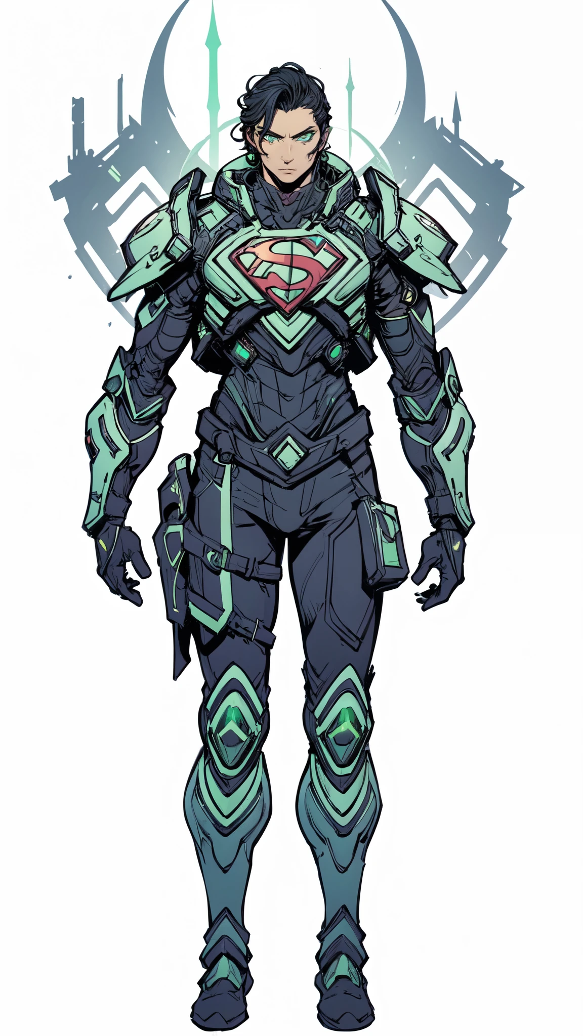 (masterpiece:1.5, best quality:1.5, extremely delicate:1.5), ((male:1.5)), a man wearing a full-face helmet, green eyes, fantasy-style high-tech biomimetic armored combat suit, (a composite layered chest armor), the design balances heavy with agility, fully enclosed shoulder guards, matching arm and leg guards, a belt of gemstone, (the color scheme is primarily Green with Scarlet and White accents, Organic Biotech, Concept Inspired by Superman, glowing eyes, armor glows, stand of a futuristic sci-fi city), this character embodies a finely crafted fantasy-style armored hero in anime style, exquisite and mature art style, metallic, high definition, highres, ultra-detailed, ultra-fine painting, professional, perfect body proportions, golden ratio, anatomically correct, symmetrical face, extremely detailed eyes and face, high quality eyes, creativity, RAW photo, UHD, 32k, Natural light, cinematic lighting, masterpiece-anatomy-perfect