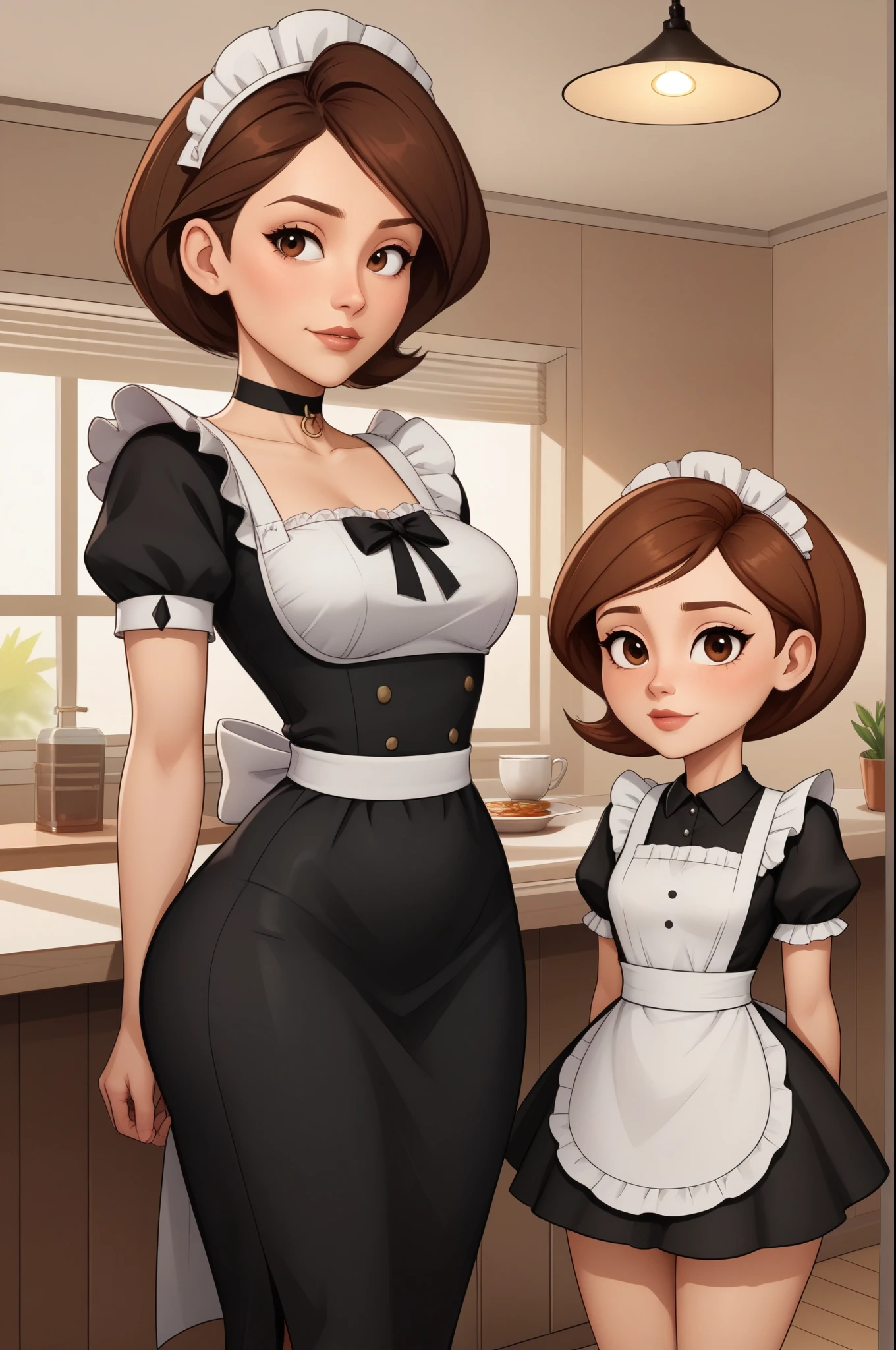 account_9, account_8_ex, account_7_ex, account_6_ex, account_5_ex, account_4_ex. Helen Parr. narrow waist. small saggy breasts. huge hips and buttocks. brown hair. brown eyes. the middle square. choker. maid. cafe