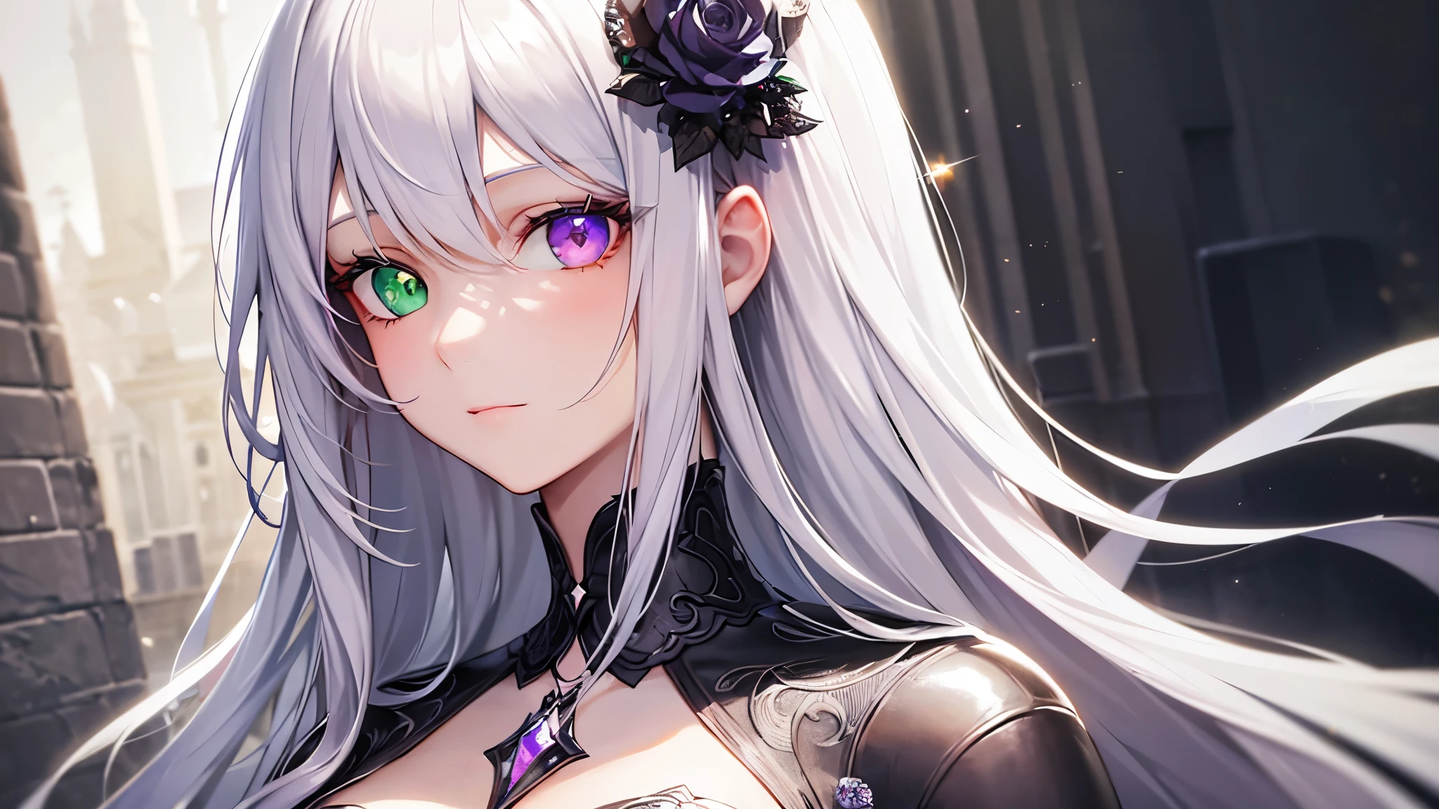 Anime girl with long white hair and purple eyes in a black outfit ...