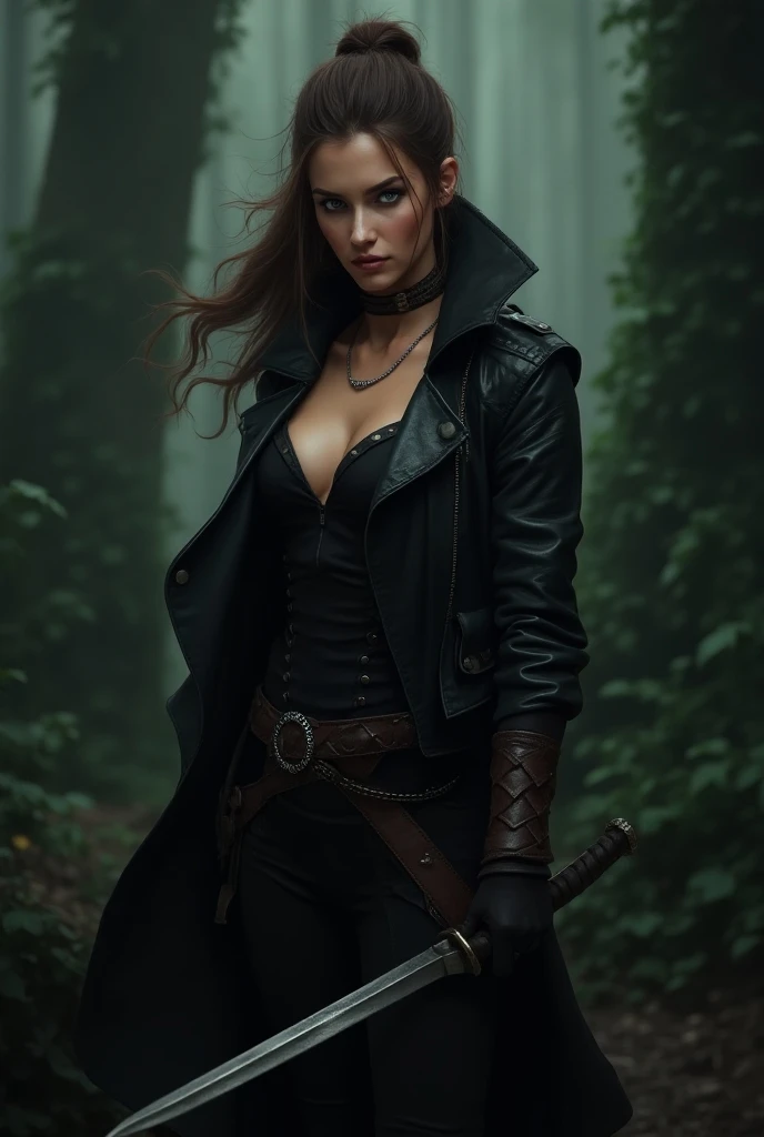 circa 1880s full body western cowboy woman, long brown ponytail, brown eyes, high arched eyebrows, long graceful neck, red lips, large breasts, short tight brown leather pants, long leather coat, leather boots, abandoned uninhabited mind on dusty sandy street of small American town go, (realistic, photorealistic, photorealistic:1.37 ), horror, dark and gloomy atmosphere with dramatic lighting, Vibrant colors, Foggy environment, Mossy trees, detailed facial expressions, long wavy hair floating in water, Mirror images on the surface of the water, Horrible fog