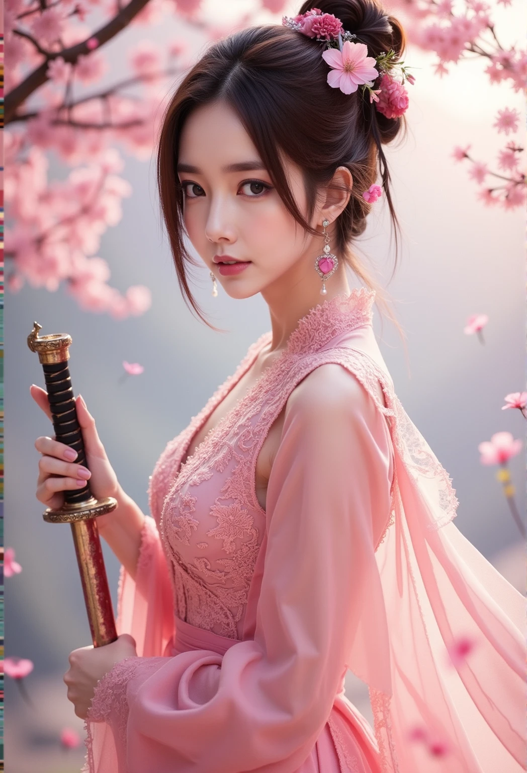 "Elegant warrior woman, wearing a beautiful, flowing pink traditional dress with lace and intricate details, cherry blossoms in the background, holding a katana with a glowing, decorated hilt, serene and confident expression, hair tied in a sophisticated updo adorned with floral accessories, soft natural lighting, high level of detail, magical and romantic atmosphere, fantasy art style, soft petals drifting in the air."