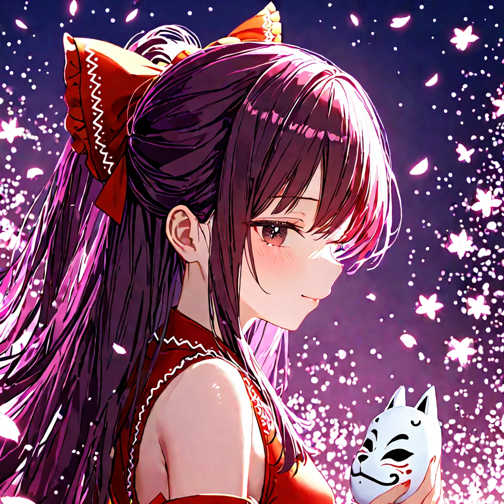 1 girl, Hakurei reimu, black hair, long hair, put head down, red hair bow, yellow ascot, red hair tubes, miko, white detached sleeves, red costume, red skirt, black eyes, fox noh mask, show only one eye, cool profile, gentle smile, sparkle, star \(symbol\), from side, look back, upper body, cherry blossom petals,  close to viewer, white background, 