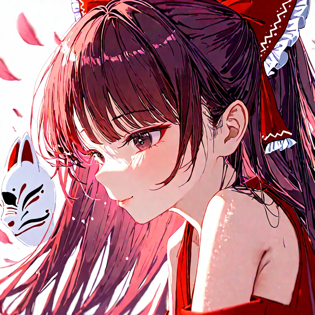 1 girl, Hakurei reimu, black hair, long hair, put head down, red hair bow, yellow ascot, red hair tubes, miko, white detached sleeves, red costume, red skirt, black eyes, fox noh mask, show only one eye, cool profile, gentle smile, sparkle, star \(symbol\), from side, look back, upper body, cherry blossom petals,  close to viewer, white background, 