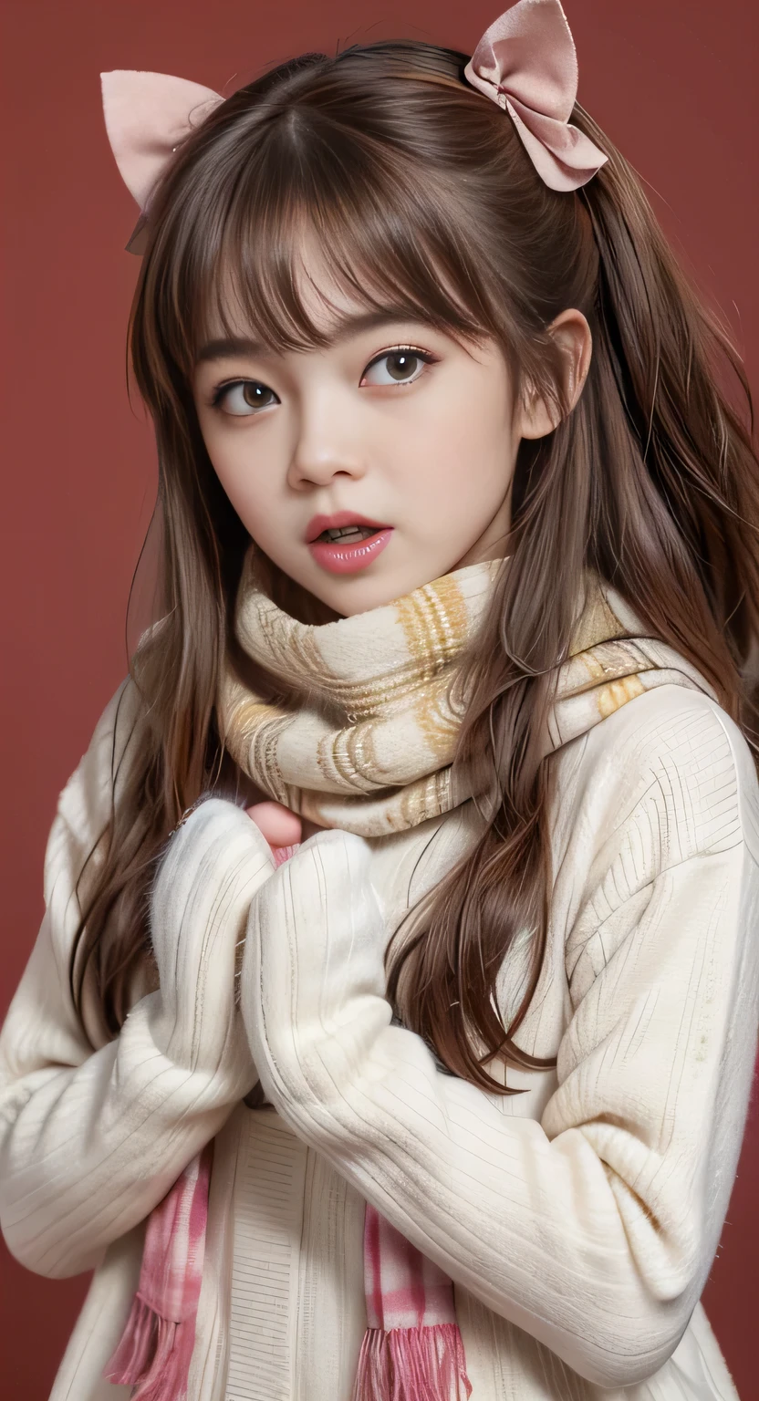 CHILD girl with long RED hair wearing a YELLOW sweater and muffled black ears.