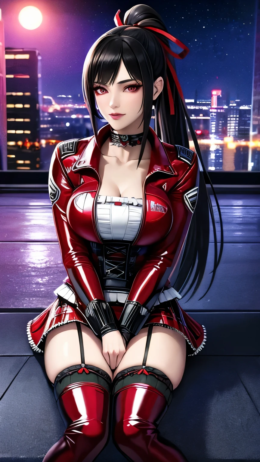 red eyes, (highest quality, masterpiece painting:1.3), immature woman, , (half body shot), masterpiece, ultra high resolution, (Photoreal:1.0), black hair, ponytail, straight hair, beautiful shining hair, white and shining skin, ((Ultra realistic details)), octane rendering, highly detailed face, (big breasts:0.8), complete pilotsuit, adjusted pilotsuit, (red pilotsuit),cleavage, perfect body, soft skin, anime face, perfect face, perfect eyes, looking at the viewer, smart, deep in the night, Moon Night, The rooftop of a building overlooking the city, Night sky with the moon shining, photon mapping, Radio City, ((fantastic night)), ((outdoors)), sharp focus, intricate details, professional artwork, (bright colors:1.1), bright colors, diffused lighting, digital blending, ultra-definition body, ultra detail hair, super detailed face, trending on pixiv, top button open, Cute gaze, compensate, perfect lips, perfect compensate, Ultra-precision coating,  (glare :1.0), BREAK ((gothic ****ta, cute punk fashion):1.3), (wear a long sleeve red latex jacket over a black corset:1.4), (collarbone:1.3), (red A-line multilayer tiered miniskirt with ruffles:1.3), (red latex overknee socks with garter belt:1.3), (red hight platform boots with heels:1.2), (choker with red and black plaid ribbon:1.3),