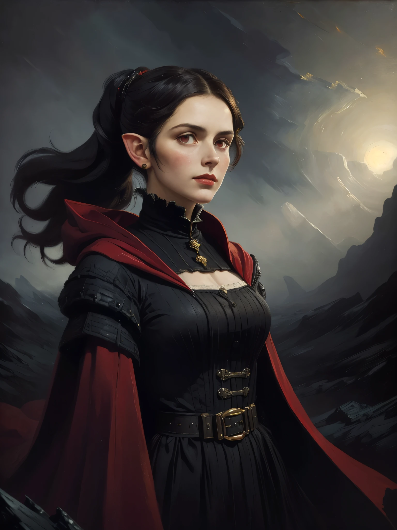 portrait of a woman, oil, painting, single, Victorian era, (by Peder Balke:1.3), (masterpiece, best quality:1.3), (highly detailed:1.5), UHD, 8K, beautiful, (red eyes), pointy ears, long hair, ponytail, (black dress, red cloak), outdoor background, mysterious theme, (wind, mist), (dark theme), (amazing background)