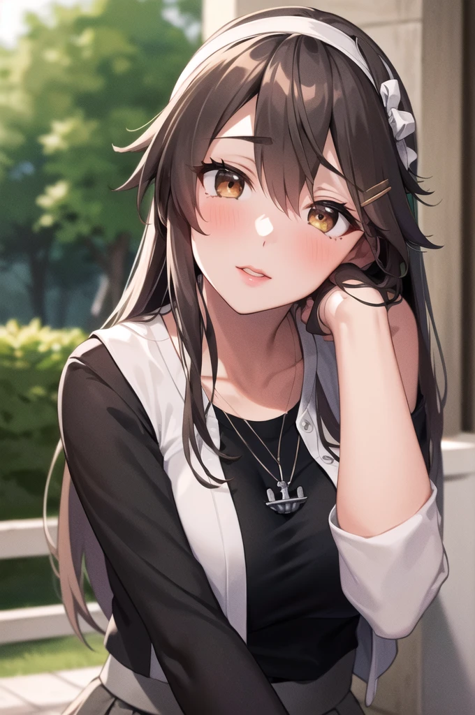 (masterpiece,best quality,highres,8k:1.2),
1girl,(mature female:1.3),(kissing cheek:1.3),
hmharuna, white hairband, hairclip, anchor necklace, jewelry, white jacket, pantyhose, black shirt, grey skirtï¼
large breasts,blush,looking at viewer,
outdoors,