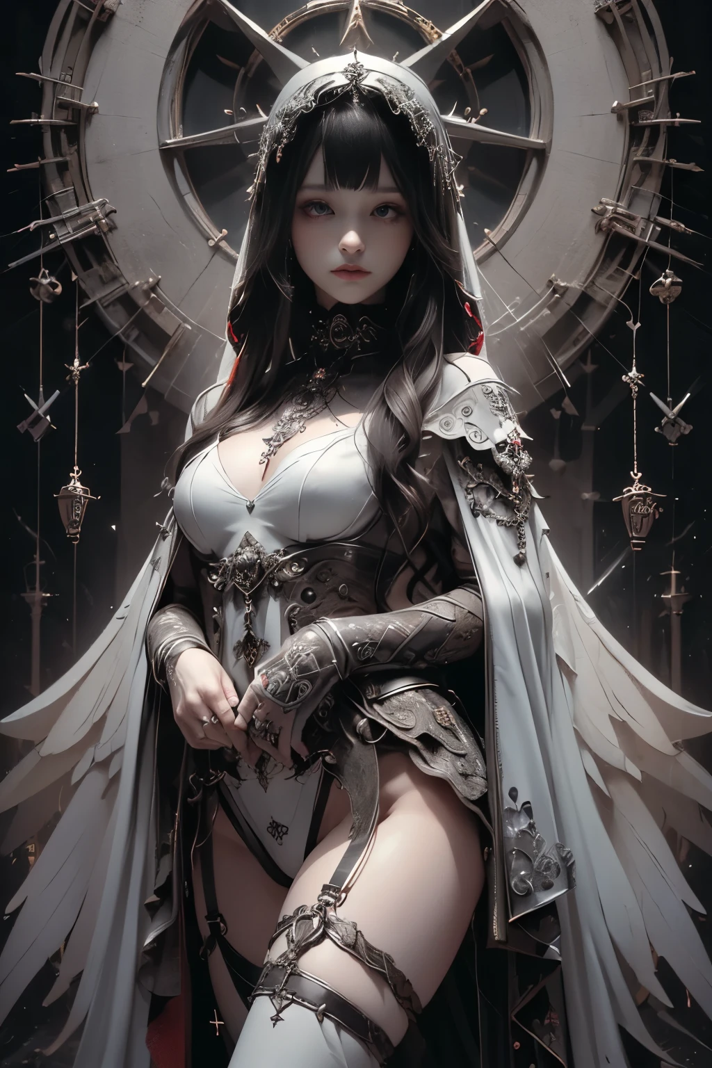 top-quality, masterpiece, 超A high resolution, (Realisticity: 1.9), (((Absolute full-length images,front-facing view))),Japan Maiden 、 ((super realistic details)) 、 portlate 、 Global Illumination 、 shadowy 、 Octane Rendering 、 in 8K 、 ultrasharp 、 Intricate decoration details 、 cool color 、 Gothloli details 、 highly intricate detail 、 Realistic light 、 CG Trend、Shining eyes、Facing the camera、neon details、small tits、Visible cleavage、Mechanical parts、blood vessels connected to tubes、Mechanical vertebrae attached to the back、Mechanical cervix attached to the neck、Upright Pose、Wired and cable connected to head、The background is a cathedral