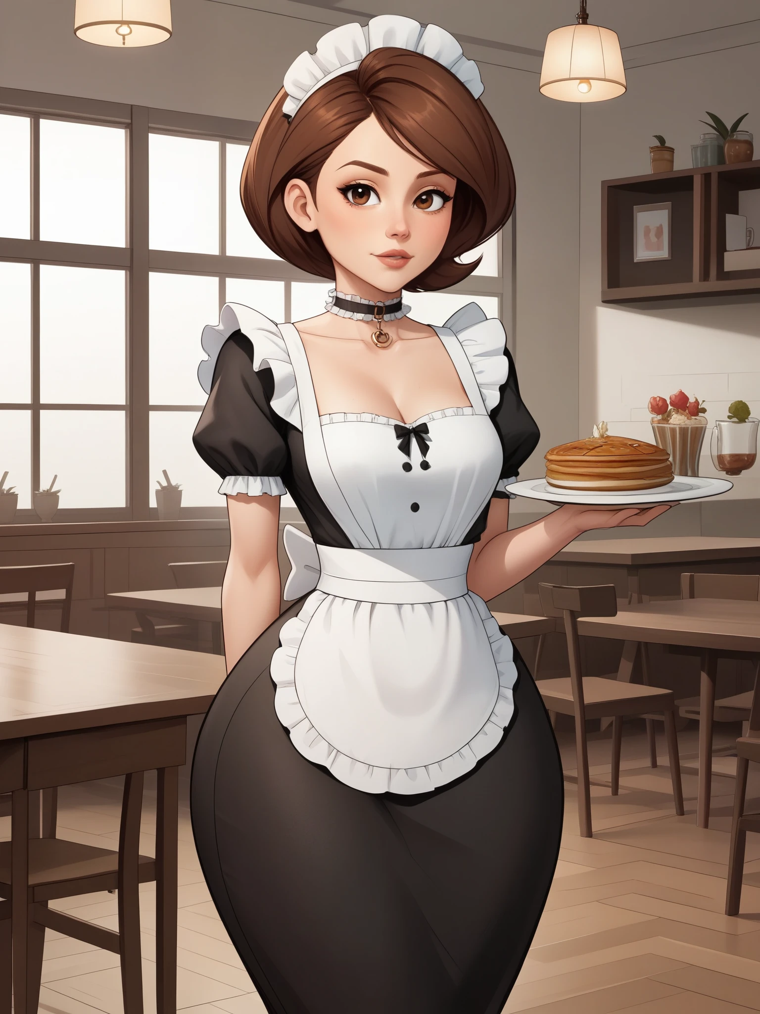 account_9, account_8_ex, account_7_ex, account_6_ex, account_5_ex, account_4_ex. Helen Parr. narrow waist. small saggy breasts. huge hips and buttocks. brown hair. brown eyes. the middle square. choker. maid. cafe