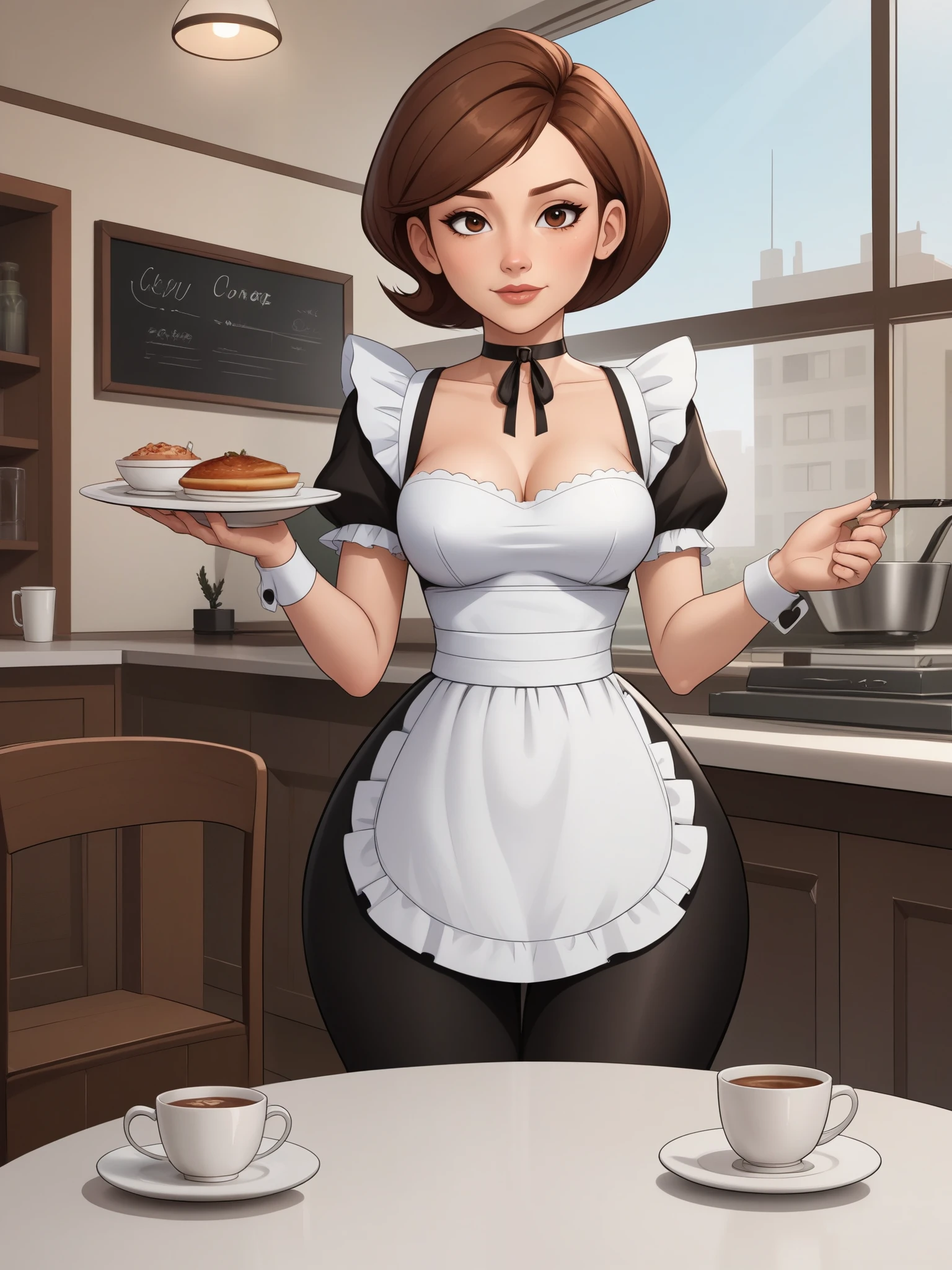 account_9, account_8_ex, account_7_ex, account_6_ex, account_5_ex, account_4_ex. Helen Parr. narrow waist. small saggy breasts. huge hips and buttocks. brown hair. brown eyes. the middle square. choker. maid. cafe