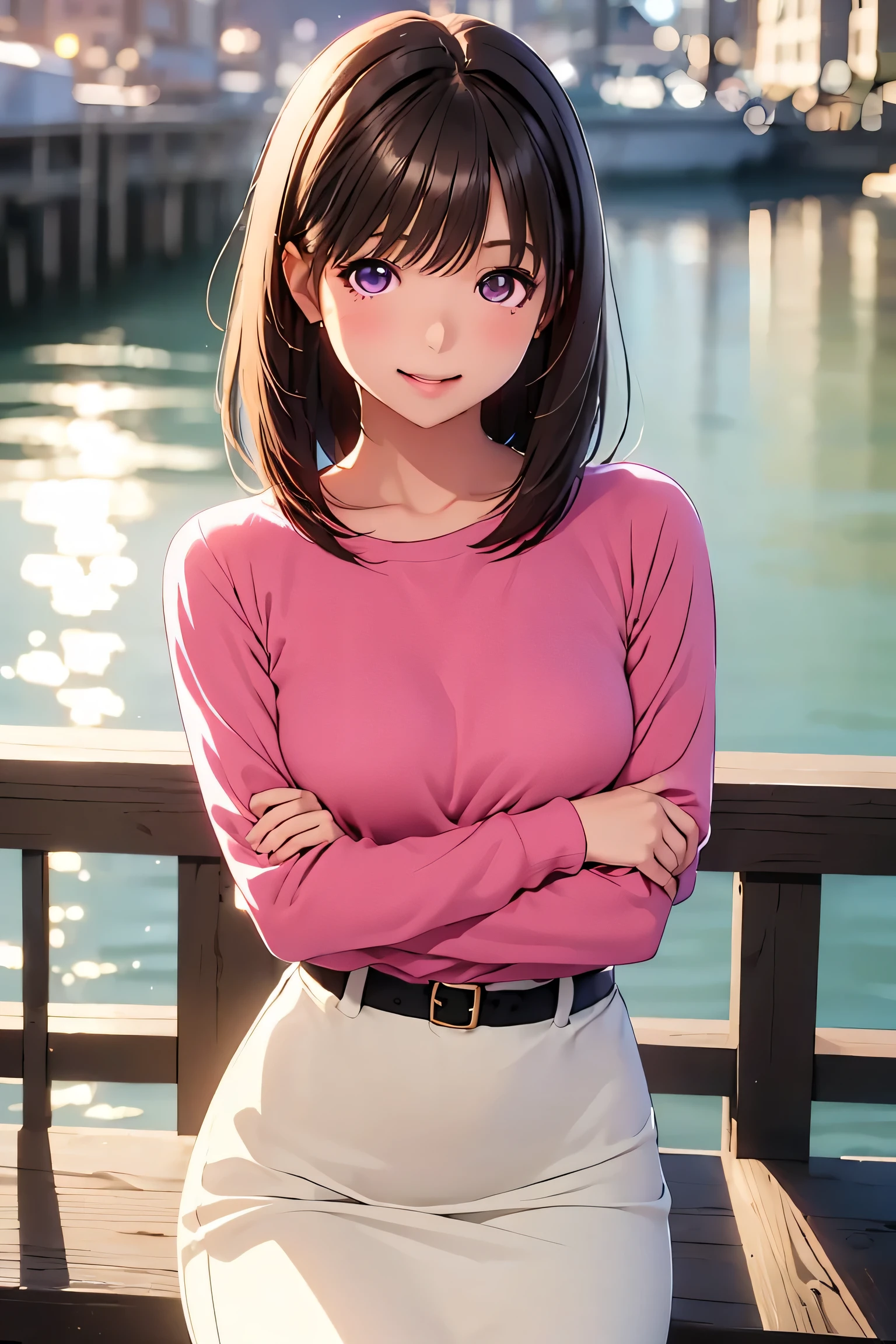   high resolution on down ,in 8K, best quality, Details,Semi-realistic anime, D Anime Style , Smooth Animated CG , one girl playing pranks, 19-year-old Japanese woman,slim,modeling,((Sparkling Eyes)),(( medium hair )),(Maroon Glowing Hair ), Pink Lips, Shiny brown hair, Details face,Beautiful and  Details,,((Deep purple Sparkling Eyes)),(Shut your mouth.),(Laughter),((Black long sleevesロングカーディガン)),(((Black long sleeves))),(( light cream pencil skirt)),(Sit on the seawall in the harbor ),((Wharf)),((slim body)),( look at the camera),((Spread your arms down ))