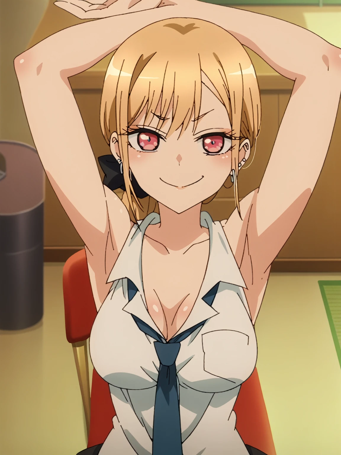 score_9, score_8_up, score_7_up, source_anime, anime screencap, 1girl, solo, marin kitagawa, long hair, blonde hair, low ponytail, hair bow, earrings, pink eyes, breasts, collarbone, bare shoulders, highschool clothes, sleeveless, blue tie, arms up, raised arms, armpits, looking at viewer, smile, smug closed mouth, indoors, from above, badhandv4