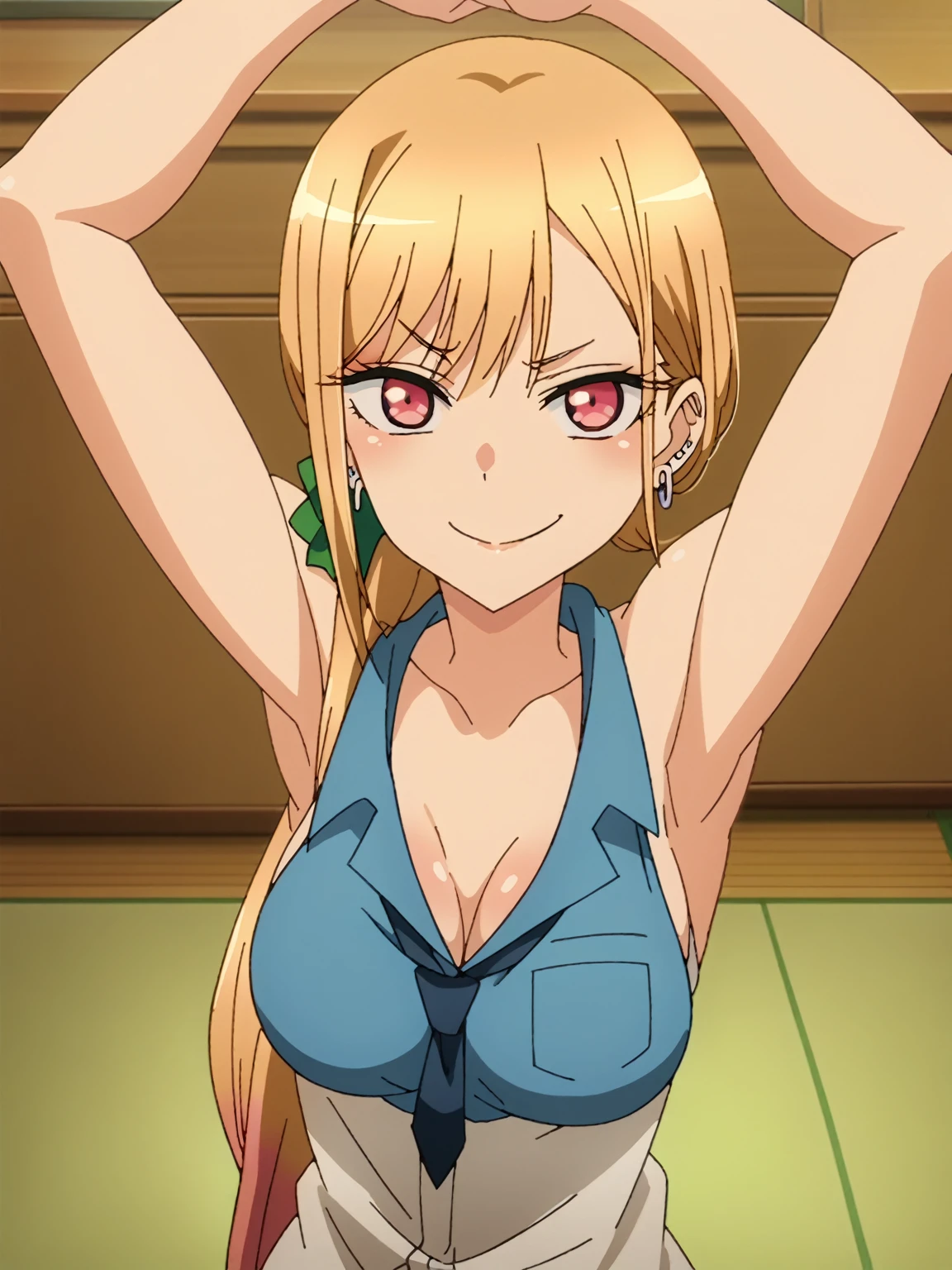 score_9, score_8_up, score_7_up, source_anime, anime screencap, 1girl, solo, marin kitagawa, long hair, blonde hair, low ponytail, hair bow, earrings, pink eyes, breasts, collarbone, bare shoulders, highschool clothes, sleeveless, blue tie, arms up, raised arms, armpits, looking at viewer, smile, smug closed mouth, indoors, from above, badhandv4