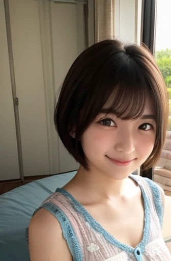 (masterpiece), (Highest quality), cute girlish room with mainly pink, yellow skin, shiny black hair, short bob cut, athletic, cone shape AND flat chest:1.1, small nipple, topless, ((low-teen)), (Japanese schoolgirl), portrait, selfie, (looking back at viewer), smile, cute, pretty, cool eyes, beautiful detailed eyes, immature, from side, no make-up, six-pack abs, (aged down),