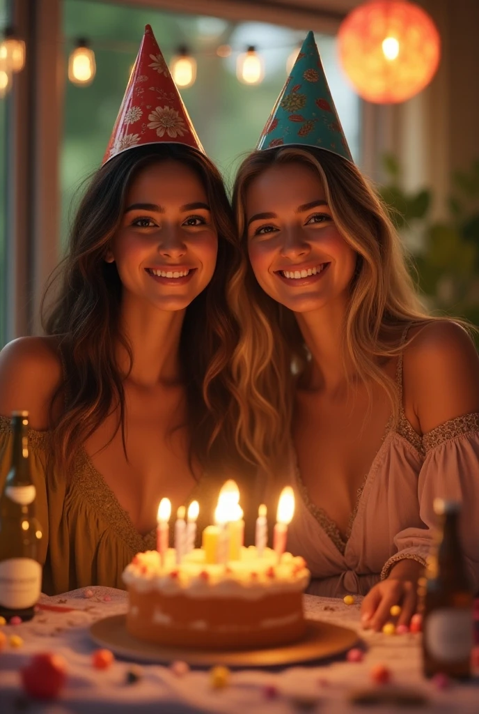 White woman with blonde in 20s taking a selfie celebrating birthday party blowing out candles