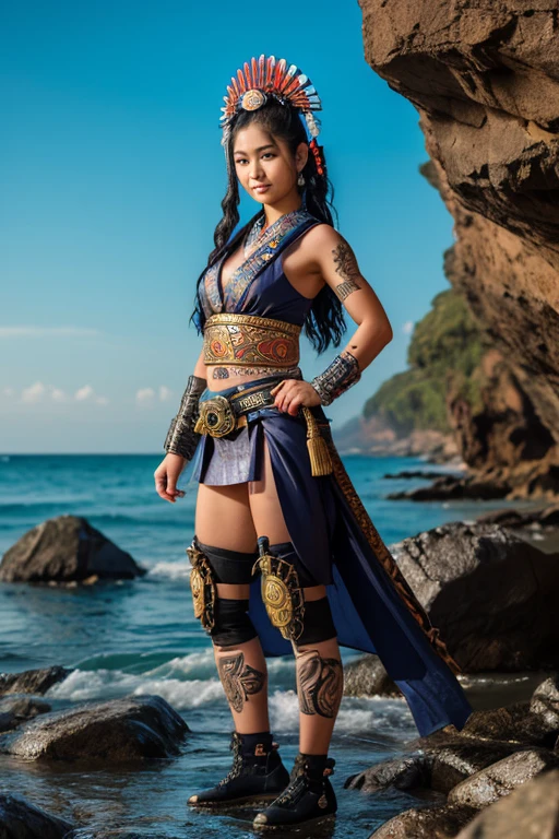 An anime woman wears half-paladin armour, adorned with baroque tattoos sitting on a stormy beach, in an opulent dress, with filigree patterns on her skin, contrasting with the moody ocean, in a StreamPunk style