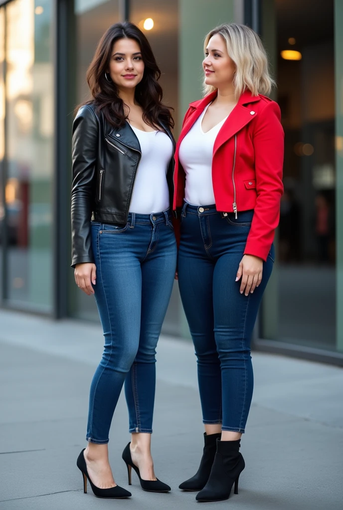 ((((Mary Alto)))), 22 years old, dark hair, ((((fullbody image)))), standing in front of a building in Berlin, very tight blue jeans, white shirt, black leather jacket, loose hair, sexy look at the viewer, full body, black heels, (second girl, gina brades, 20 years old, curvy body, short blonde hair, dark blue jeans, red jaked, looking to Mary Alto and smiles), stands close