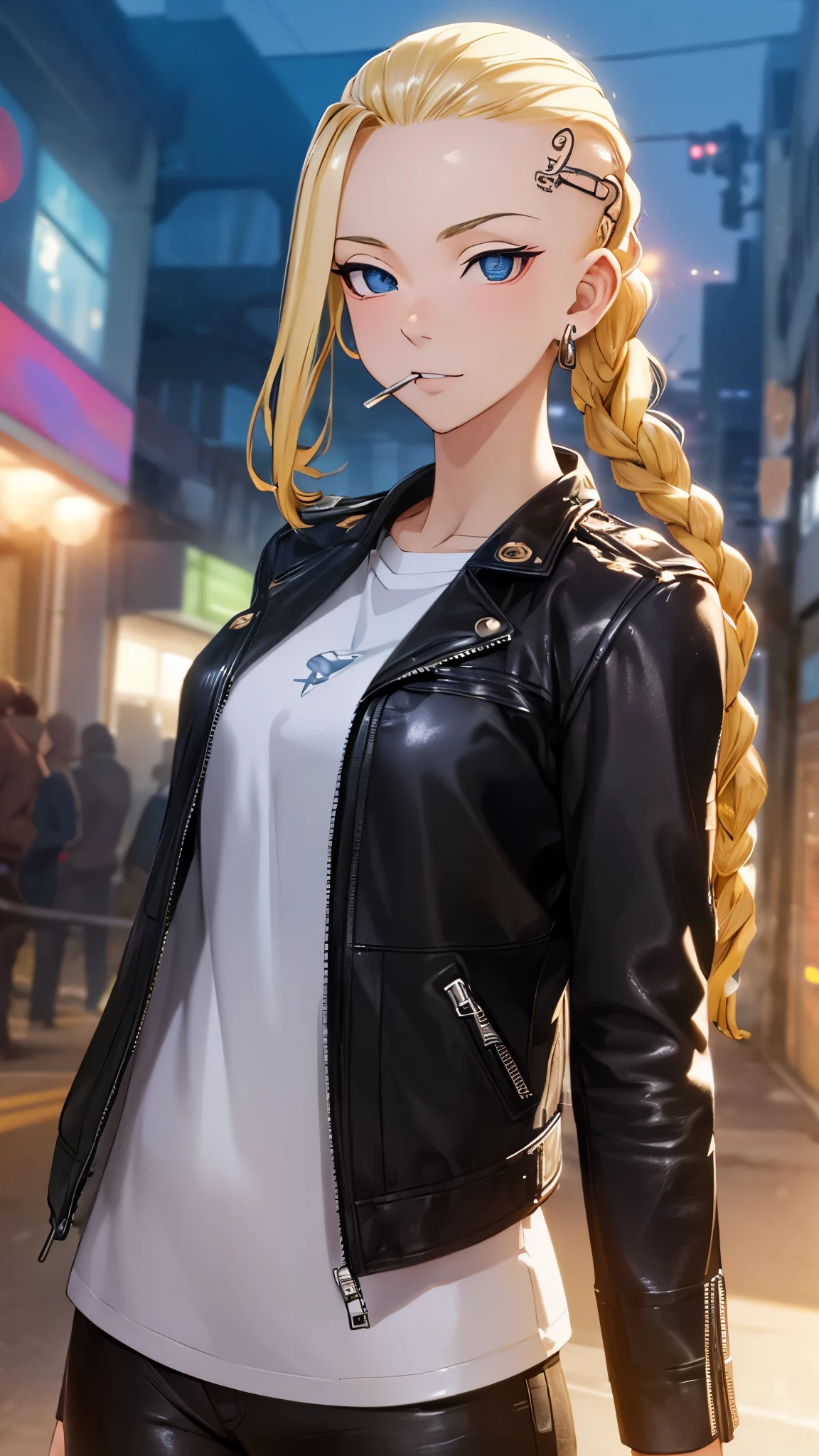 upper body,1girl,solo,ken_ryuuguuji, blonde hair, black eyes, single braid, tattoo,Leather jacket,Leather pants,Smoking a cigarette,masterpiece,Noise Reduction,perfect anatomy,high resolution, ultra-detailed, ultra-detailed face,game cg,dutch angle ,beautiful detailed eyes,visualart,five fingers, perfect hands, perfect lighting, sparkling pupils,