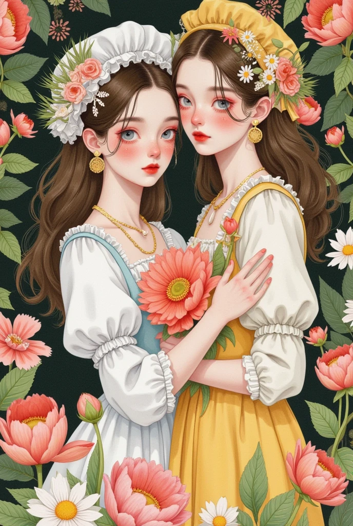 Two girls surrounded by flowers， Victorian dress ,  Ethereal Fairy Tale , retro fantasy style,  upper body，Gu Weiss, Li Song's digital art , Popular in the CG community ,  pop surrealism ,  Beautiful Gemini twins portrait, 美丽的双子座双胞胎, artstration Trends, Beautiful digital illustrations,  exquisite digital art, Lovely art style,  Gouvez-style artwork ,   A beautiful artwork illustration  ,  Beautiful digital illustrations 