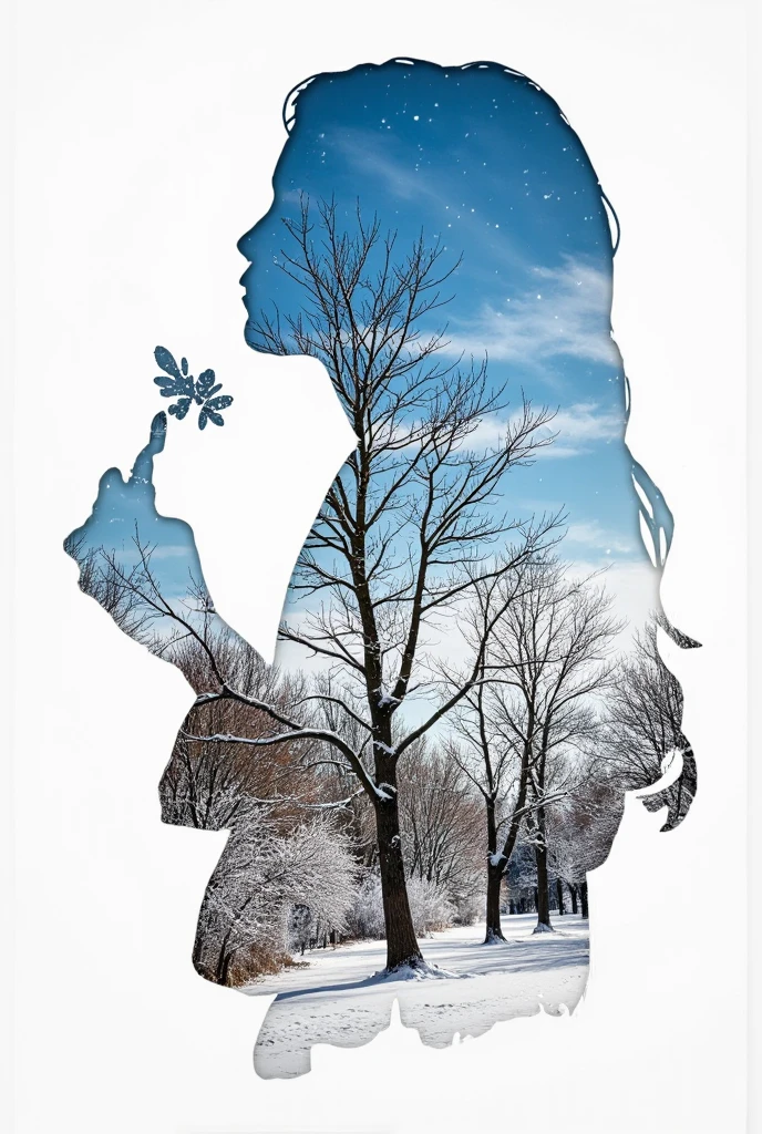 high quality, 8K Ultra HD, A beautiful double exposure that combines an goddess silhouette, there's a serene winter scene depicted. This scene features a group of barren trees standing tall against a gradient blue sky, transitioning from a deep blue at the top to a lighter shade at the horizon. Snowflakes are scattered throughout the sky, giving the impression of a light snowfall. The leaf itself is cut out, with its details incorporated into the goddess , crisp lines, The background revealing a white paper beneath it. is monochrome, sharp focus, double exposure, by yukisakura, awesome full color, 