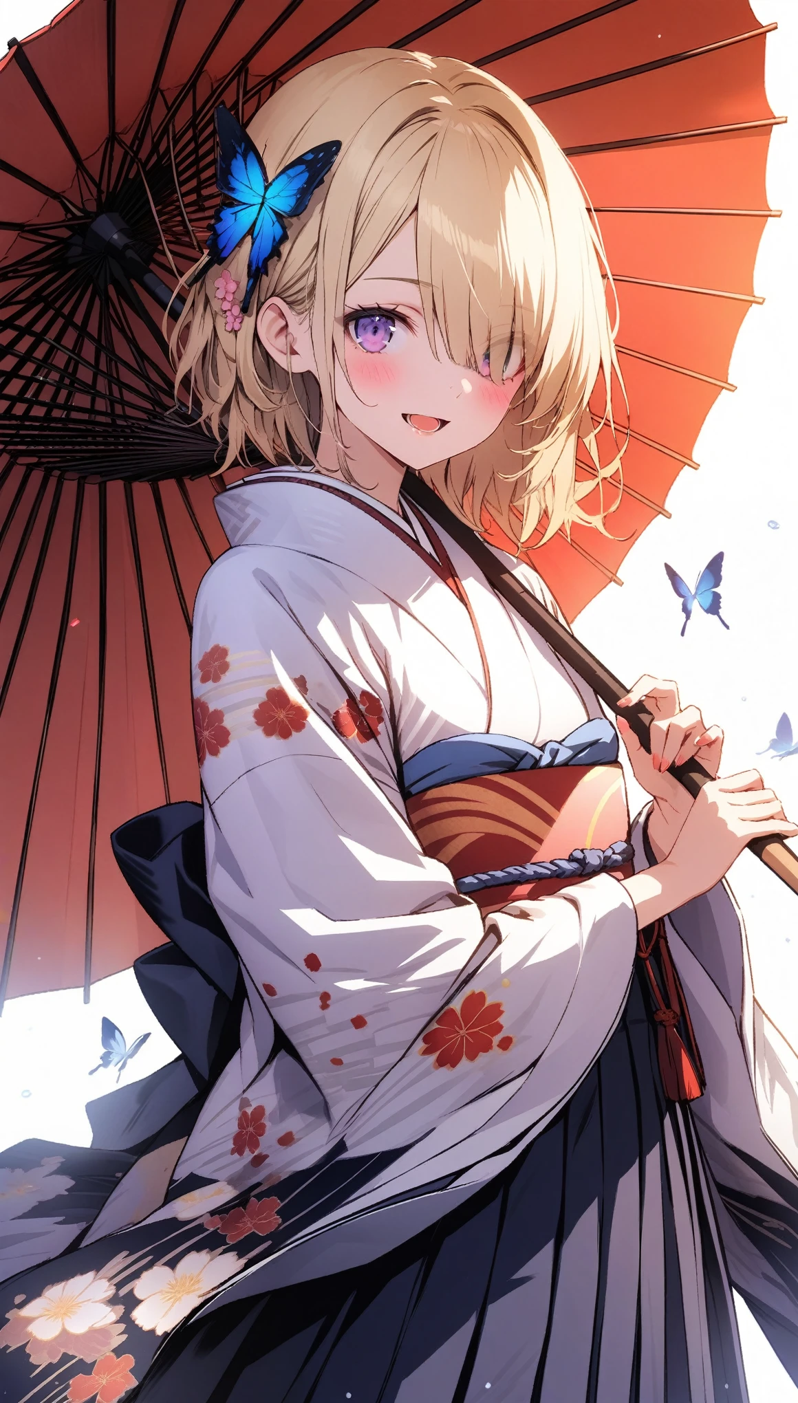 masterpiece、highest quality,Very detailed, Absurd beauty、(1 beautiful girl、Medium Hair、blonde、Very ample breasts)、Keep your head small、Flower pattern kimono、Oran Style、Accentuate your cleavage、shoulder、A cloth wrapped around the hem of a kimono、Holding a red Japanese umbrella、smile、Shyness、Phalaenopsis flower field、