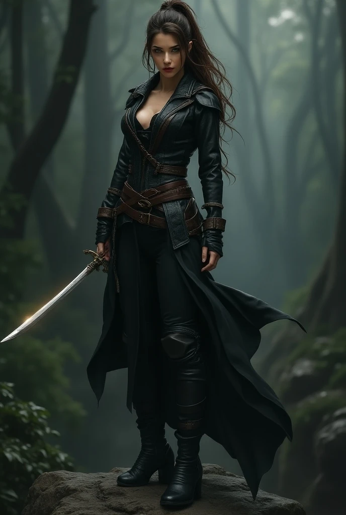 A close -up of  Woman with brown hair with a ponytail Standing on top of a rock ،wearing black clothes and holding a sword in the forest, assassin, steel detective, beautiful assassin, dark, warrior thief, tiefling rogue, female rogue, female, assassin, beautiful rogue lady, portrait of a rogue female, flowing robes and leather armor, And dark fantasy character Artgerm was designed by Craig Mullins