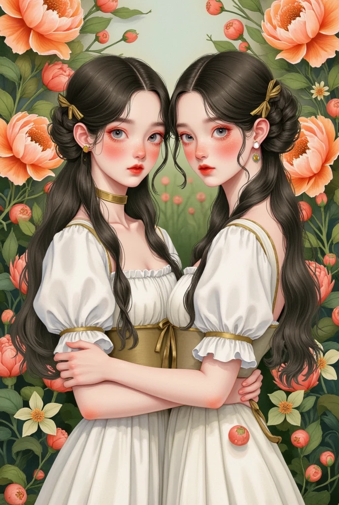 Two girls surrounded by flowers， Victorian dress ,  Ethereal Fairy Tale , retro fantasy style,  upper body，Gu Weiss, Li Song's digital art , Popular in the CG community ,  pop surrealism ,  Beautiful Gemini twins portrait, 美丽的双子座双胞胎, artstration Trends, Beautiful digital illustrations,  exquisite digital art, Lovely art style,  Gouvez-style artwork ,   A beautiful artwork illustration  ,  Beautiful digital illustrations 