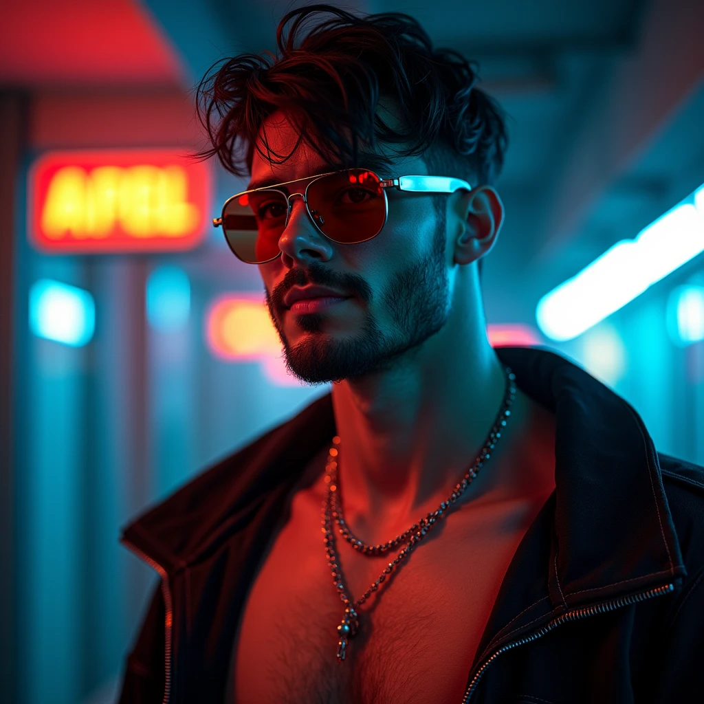 A REBEL HANDY MAN WITH SHORT HAIR,with tattoos,WEARING RED GLASSES AND WEARING WHITE T-SHIRT,wearing a silver necklace,in a night club