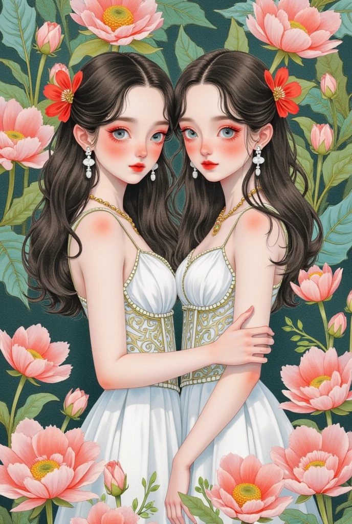  a watercolor painting ：Two girls surrounded by flowers， Victorian dress ,  Ethereal Fairy Tale , retro fantasy style,  upper body，Gu Weiss, Li Song's digital art , Popular in the CG community ,  pop surrealism ,  Beautiful Gemini twins portrait, 美丽的双子座双胞胎, artstration Trends, Beautiful digital illustrations,  exquisite digital art, Lovely art style,  Gouvez-style artwork ,   A beautiful artwork illustration  ,  Beautiful digital illustrations 