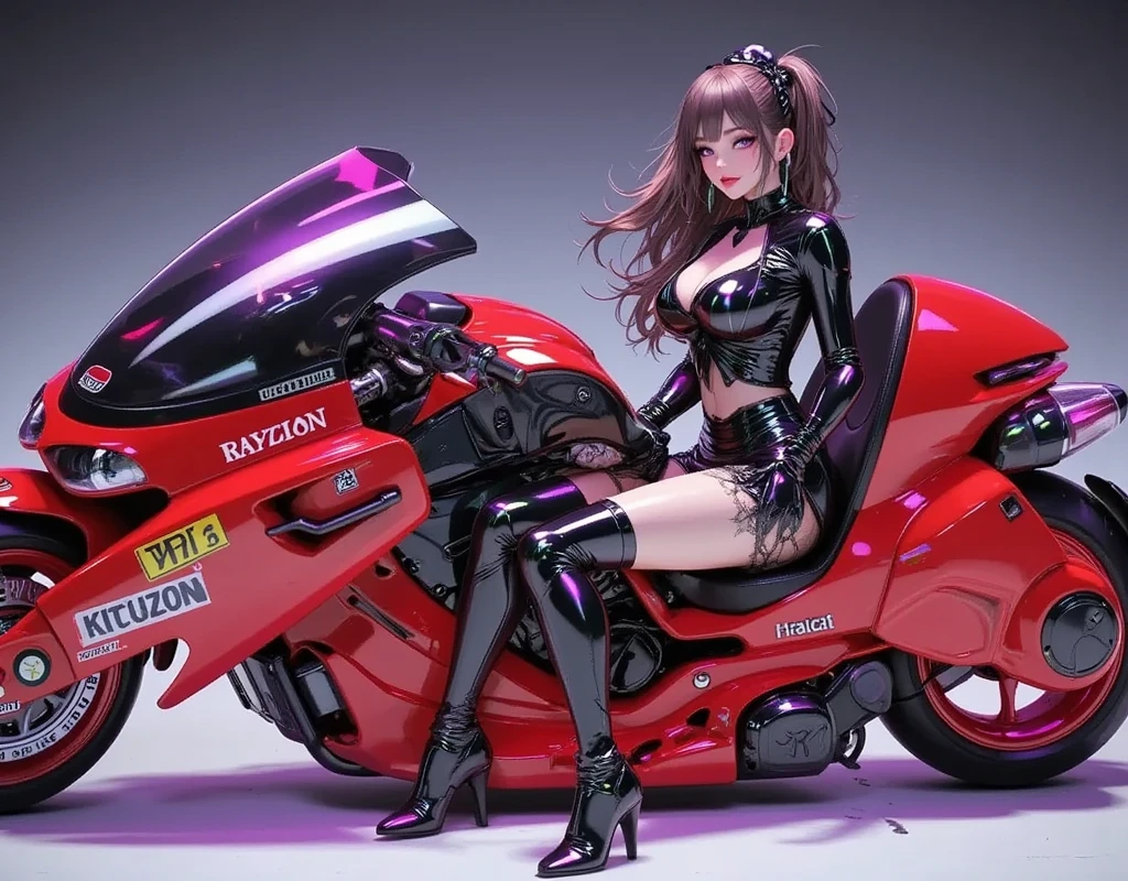 1girl,Sitting,Akira Bike,Lean back,Put your foot forward,Thick eyebrows,perfect sexy female body,(sexy and seductive pose:1.3),Black goth punk fashion,Large scooter,Very low seat,Low vehicle height,One step ahead,Akira Bike,high resolution,masterpiece,high quality, (Photorealistic:1.4),Raw photo,(super realistic details),portlate,Shadow,Beautiful Skin,detailed face and eyes,Glossy lips,female curvy beauty,Striking contrast,8k,ultrasharp,Akira Bike Red,cycling,purple aura background, realistic girl with long brown hair in ponytail wearing a very sheer,  metallic swimsuit with high leg cut in bright latex 4k, (masterpiece:1.3), (photorealistic:1.37), ( Model , 22 years old), ((Glamour,  paparazzi photograph her ), Sharp Focus:1.2, very thin, narrow waist, slender, highly detailed face and skin texture, detailed eyes ( green lace latex :1.25), (( latex bodysuit with silver lace )), ((intricate detailed multi-layer bodysuit lace))), ((Silver, lace, glittering:1.81)), (Raytracing), (shining light), ( light dark makeup  [[pink lipstick]], eyeliner:1.3), (( looking at the viewer )), (big full breasts), Attention to detail,  double eyelids ,  in a strapless top , full-body lesbians ( 1 girl),  professional lighting , (Radiant Skin:1.2), glittering large, 22 years old, CLEAR, reif, Cool,  and a beautiful face , detailed, realist, HD, masterpiece, unique image, photorealistic, extremely detailed face and eyes, beautiful detailed facial features, Long eyelashes, hyper realistic,  volumetric lighting ,  Kinematic lighting ,  dramatic lighting , highly detailed, Complicated Details, Sharp Focus,  vivid colors,  dynamic pose , Elegant, graceful, serene, Still , Radiant Skin, flawless skin, fascinating, fascinating