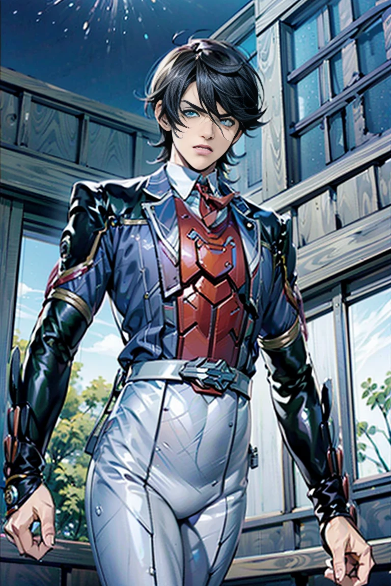 (  jump off high-definition CG ), (Best Quality), (  jump off high-definition CG ), (Best Quality),Horikawa Kunihiro has a beautiful body ,  Power Rangers costume , Handsome and cool young man ,     Slim and Muscular    ,  semen splashes on the face、He looks angry.