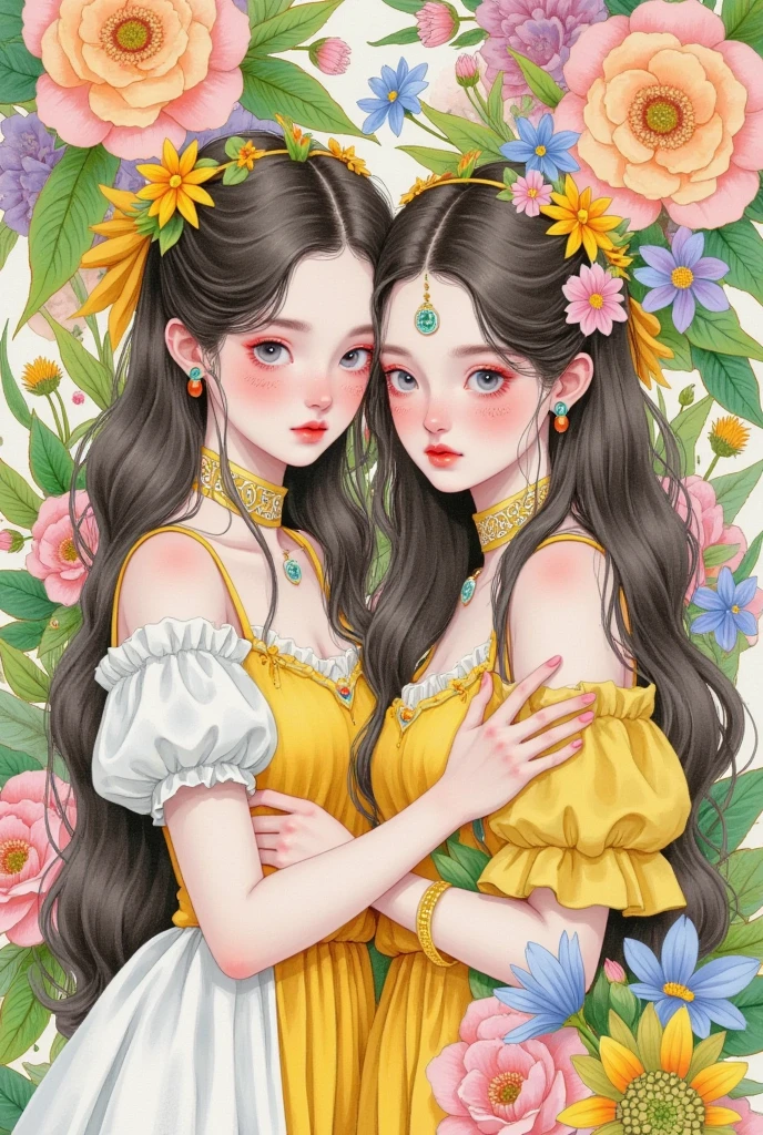  a watercolor painting ：Two girls surrounded by flowers， Victorian dress ,  Ethereal Fairy Tale , retro fantasy style,  upper body，Gu Weiss, Li Song's digital art , Popular in the CG community ,  pop surrealism ,  Beautiful Gemini twins portrait, 美丽的双子座双胞胎, artstration Trends, Beautiful digital illustrations,  exquisite digital art, Lovely art style,  Gouvez-style artwork ,   A beautiful artwork illustration  ,  Beautiful digital illustrations 